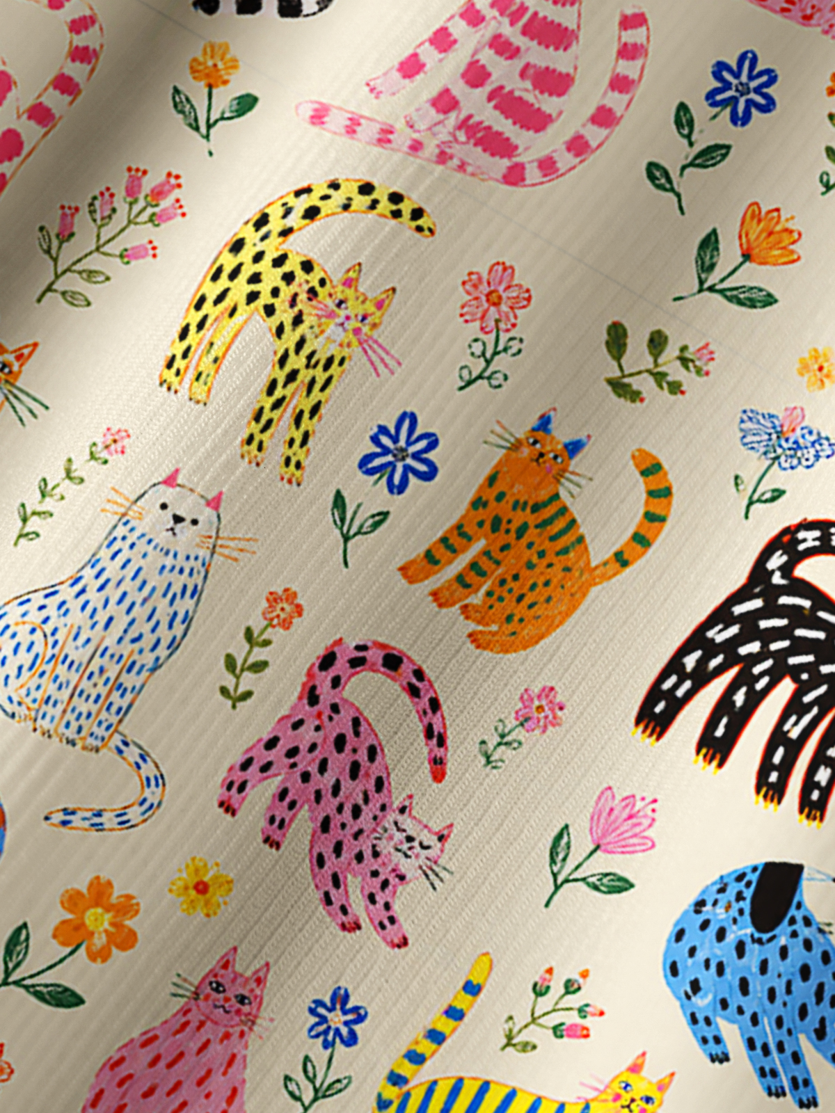 Colorful Whimsical Garden Cats Pattern Print Boho Long Sleeve Tie‑Neck Blouse