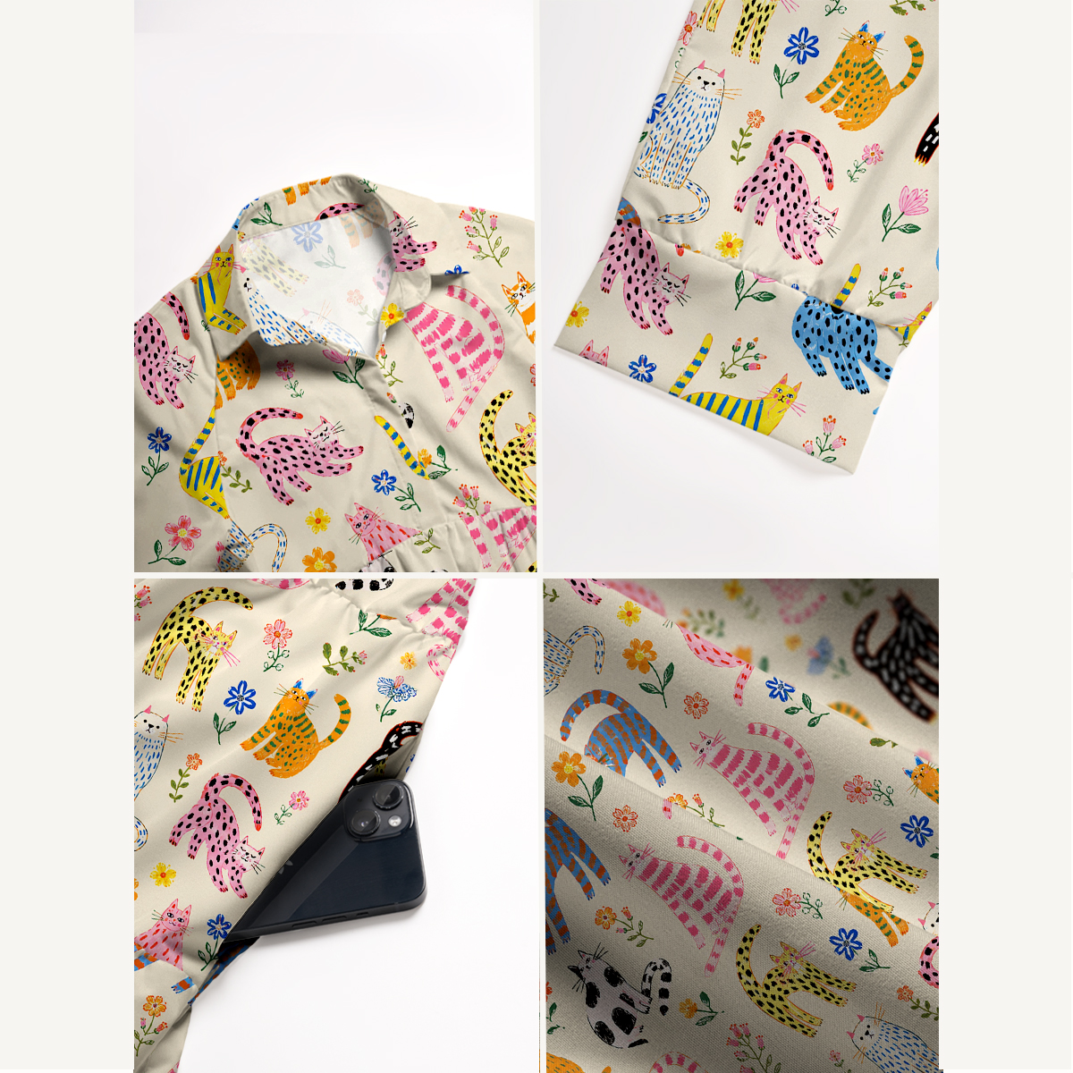 V Neck Collared Colorful Whimsical Garden Cats Pattern Print Casual Midi Dress With Pockets