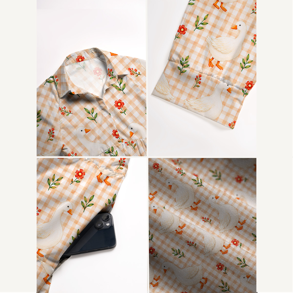 V Neck Collared Country Gingham Garden Geese Print Casual Midi Dress With Pockets