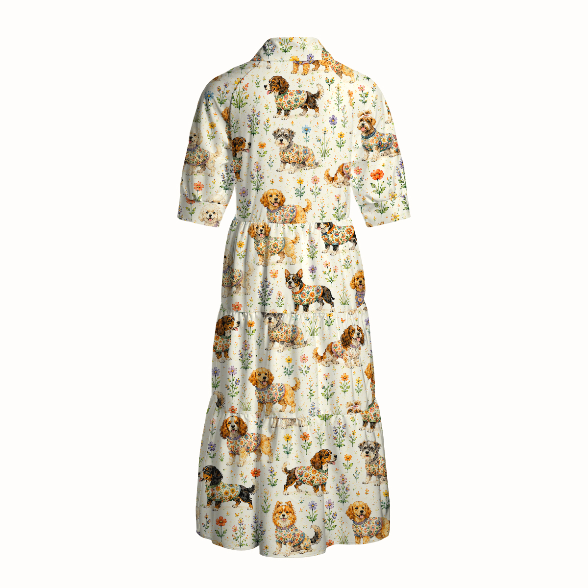 V Neck Collared Cute Dog Garden Print Casual Midi Dress With Pockets