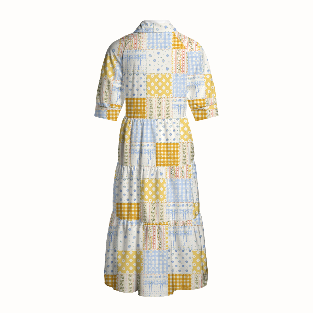 V Neck Collared Pastel Floral Patchwork Quilt Pattern Print Casual Midi Dress With Pockets