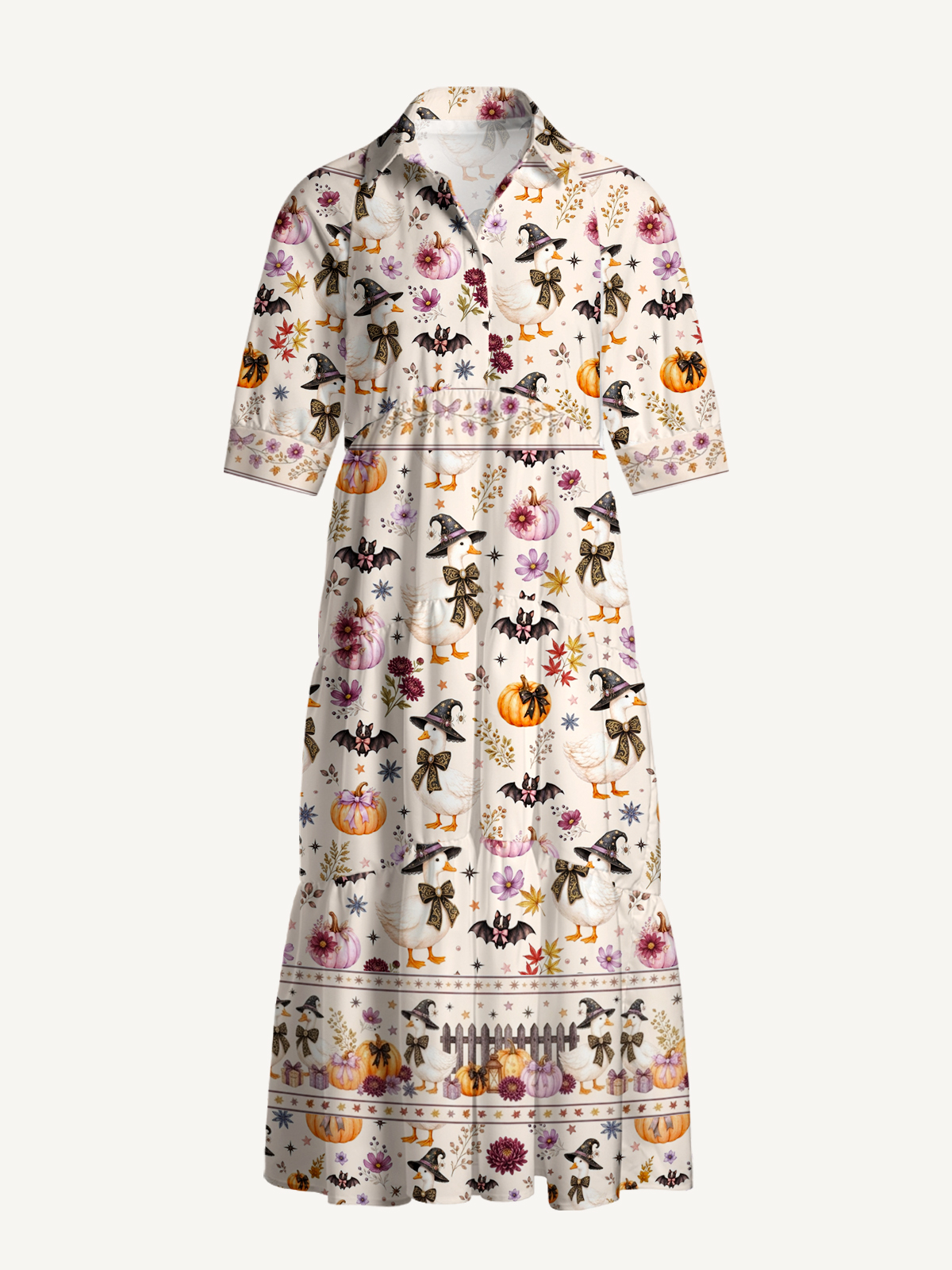 V Neck Collared Rustic Halloween Goose Print Casual Midi Dress With Pockets