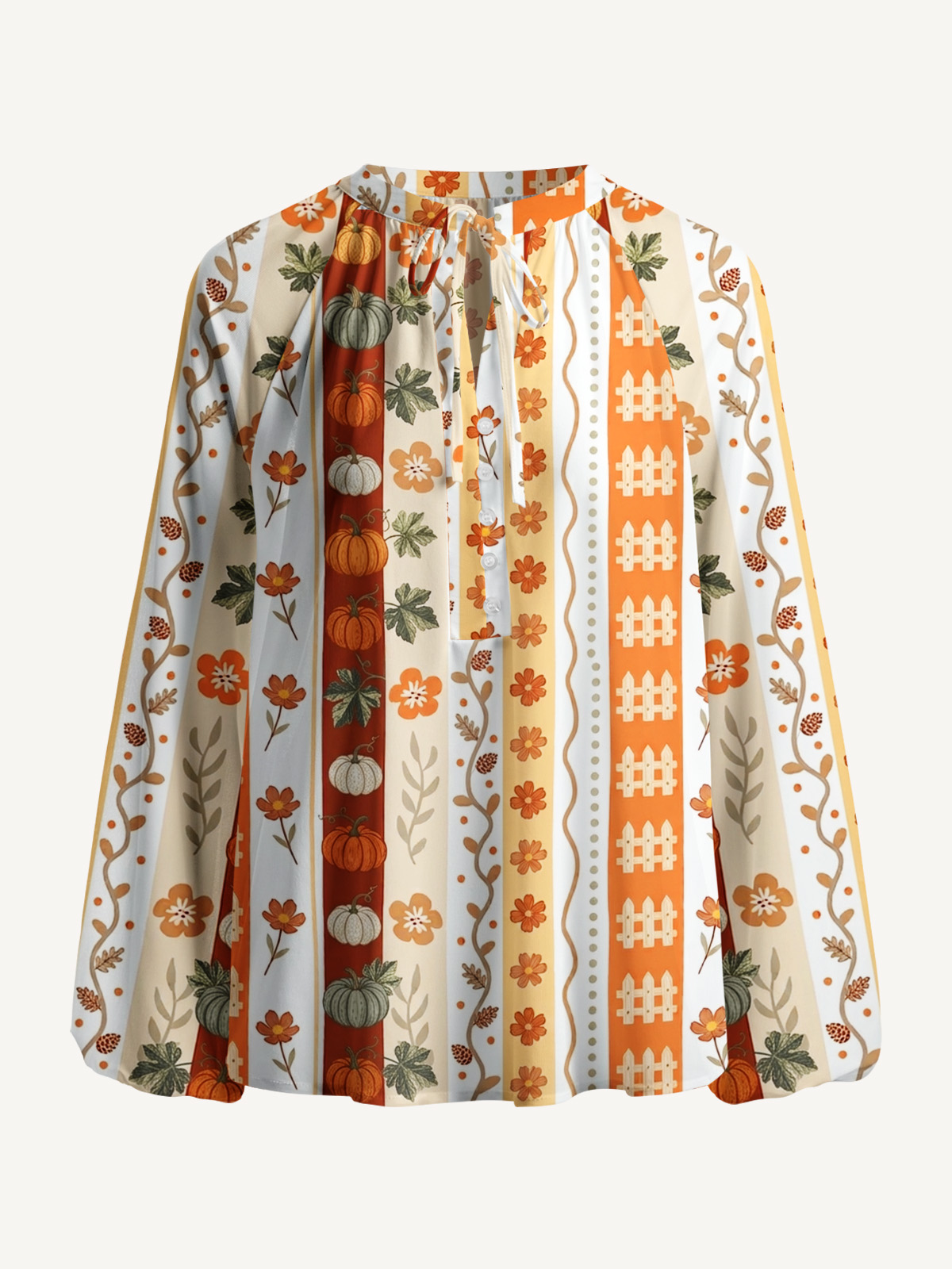 Autumn Pumpkin Patch Stripe Print Boho Long Sleeve Tie‑Neck Blouse
