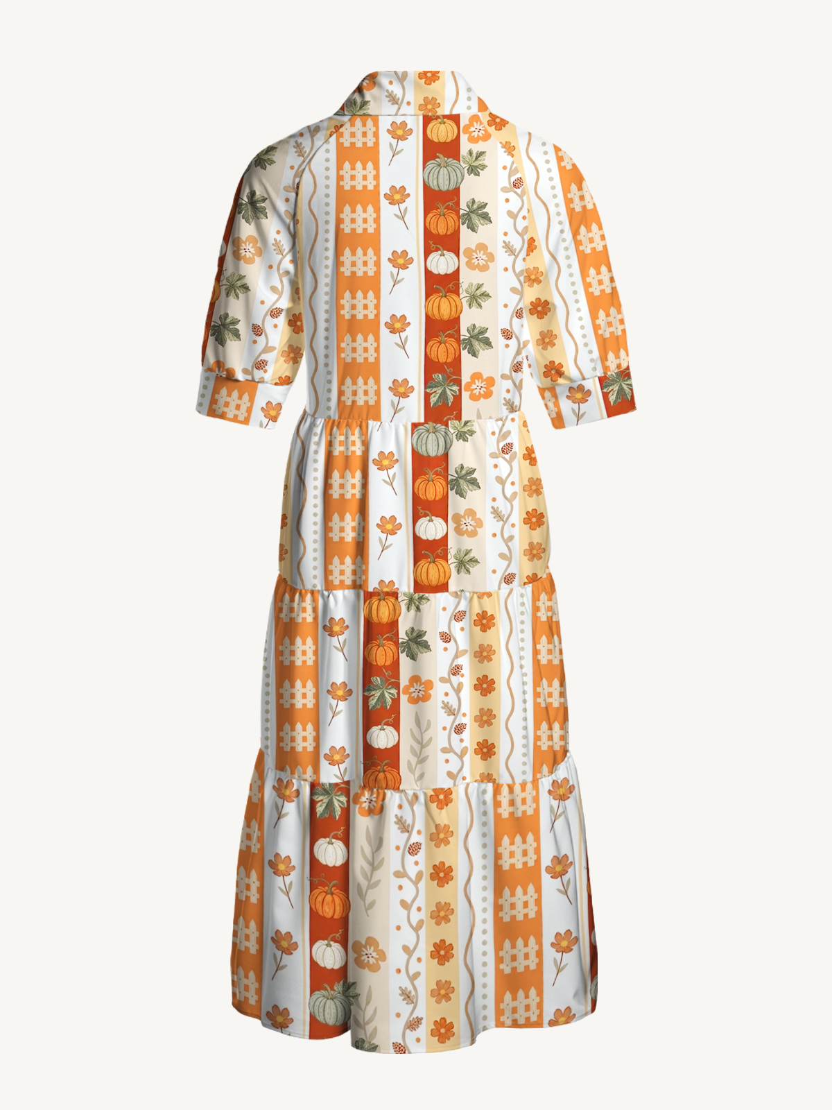 V Neck Collared Autumn Pumpkin Patch Stripe Print Casual Midi Dress With Pockets