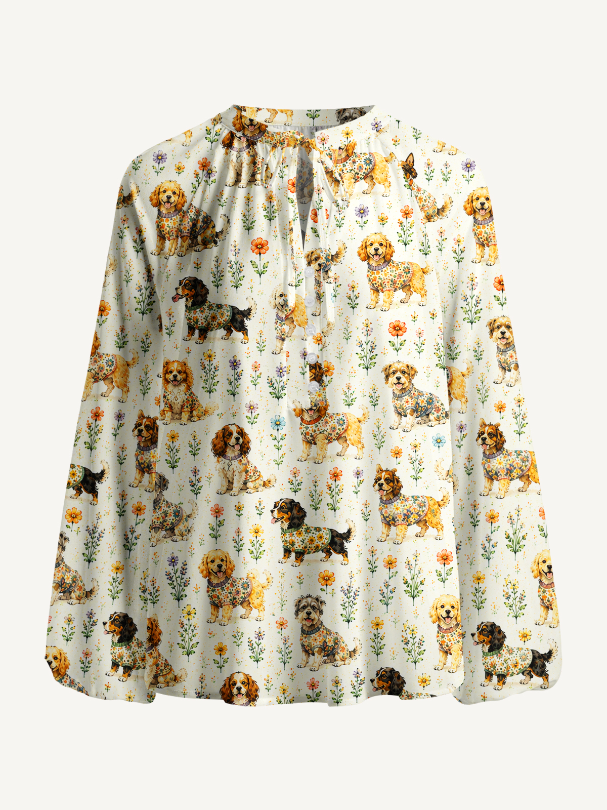Cute Dog Garden Print Boho Long Sleeve Tie‑Neck Blouse
