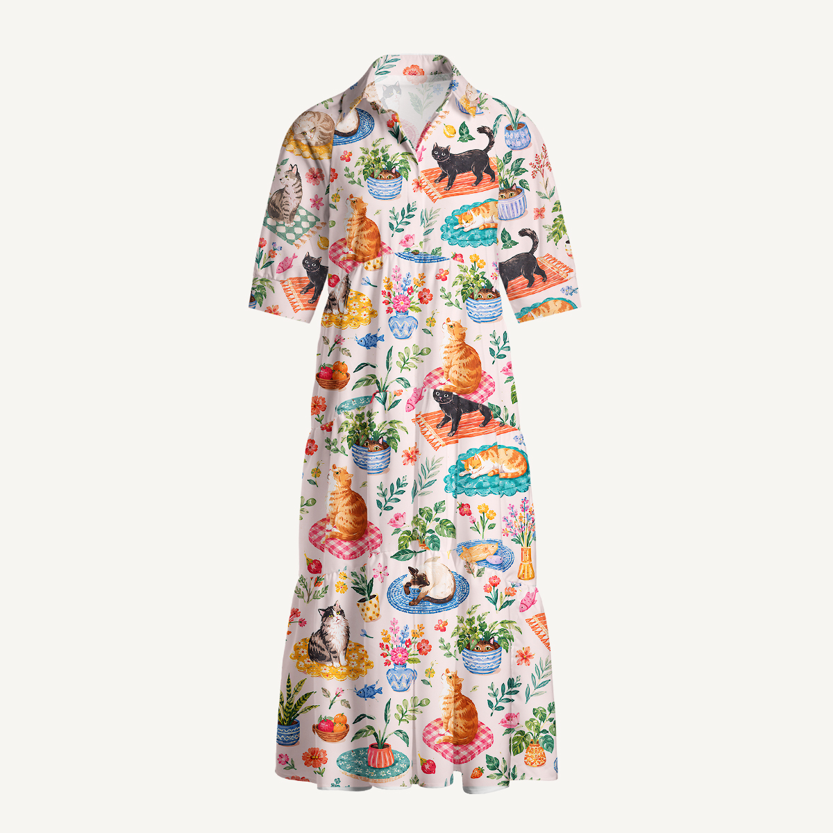 Cozy Garden Cats on Colorful Rugs Print Casual Midi Dress With Pockets