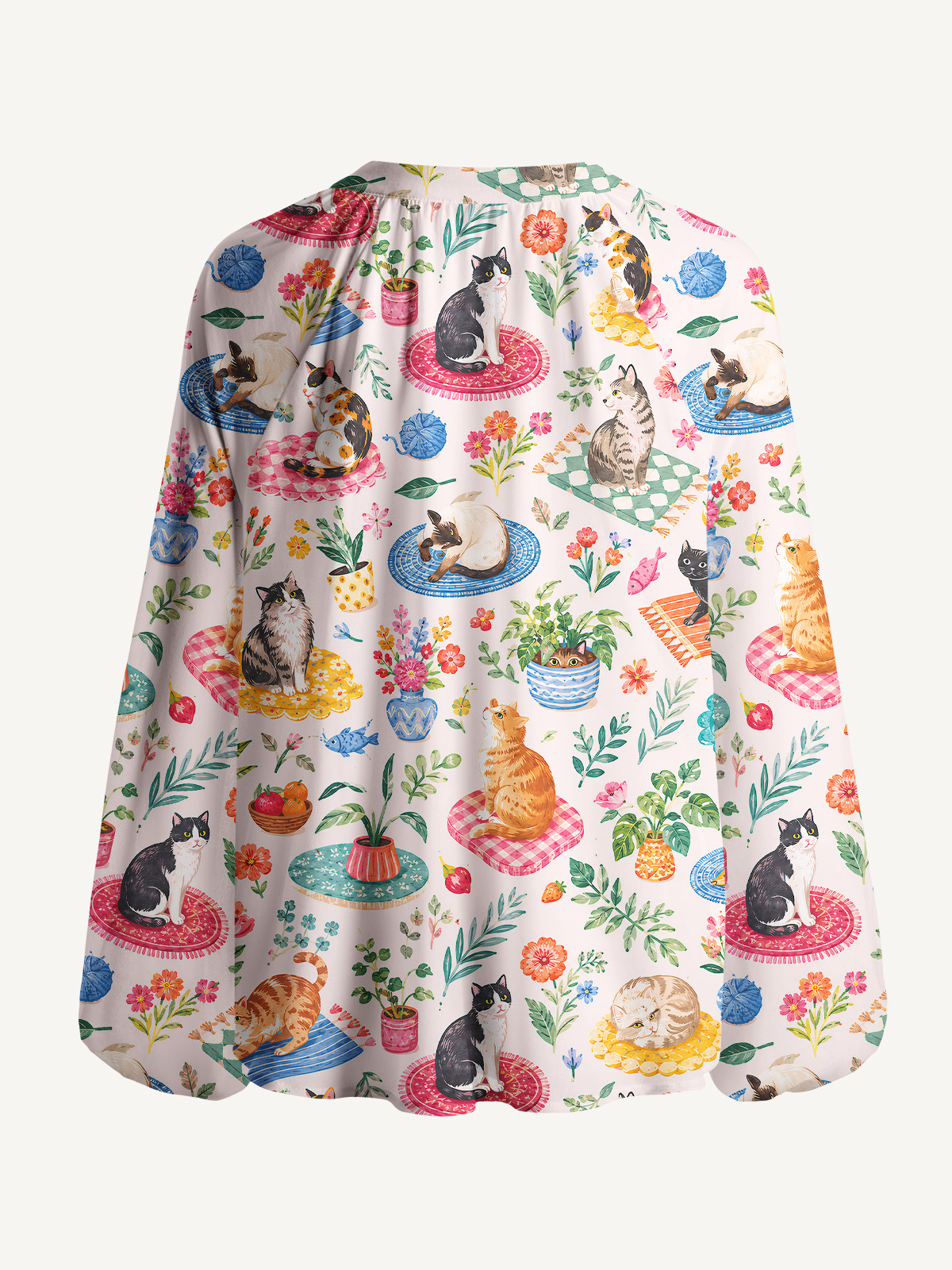 Cozy Garden Cats on Colorful Rugs Print Boho Long Sleeve Tie‑Neck Blouse