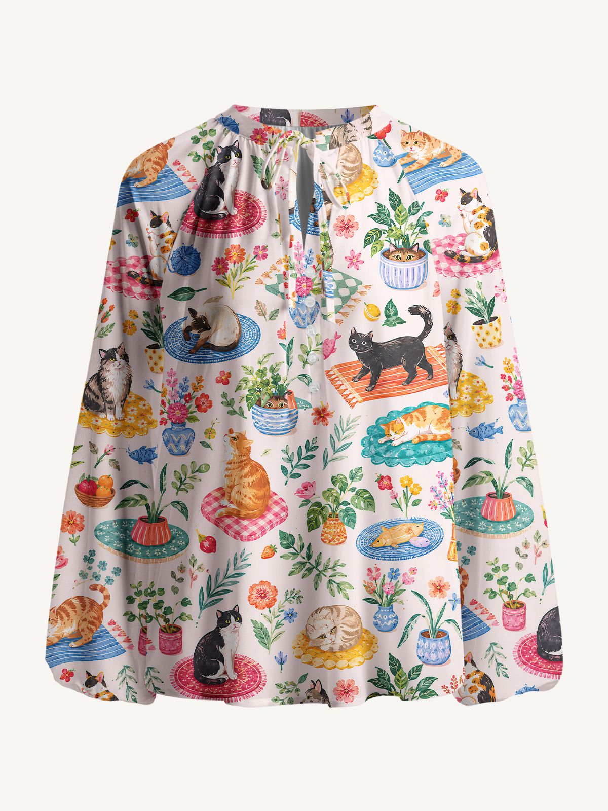 Cozy Garden Cats on Colorful Rugs Print Boho Long Sleeve Tie‑Neck Blouse