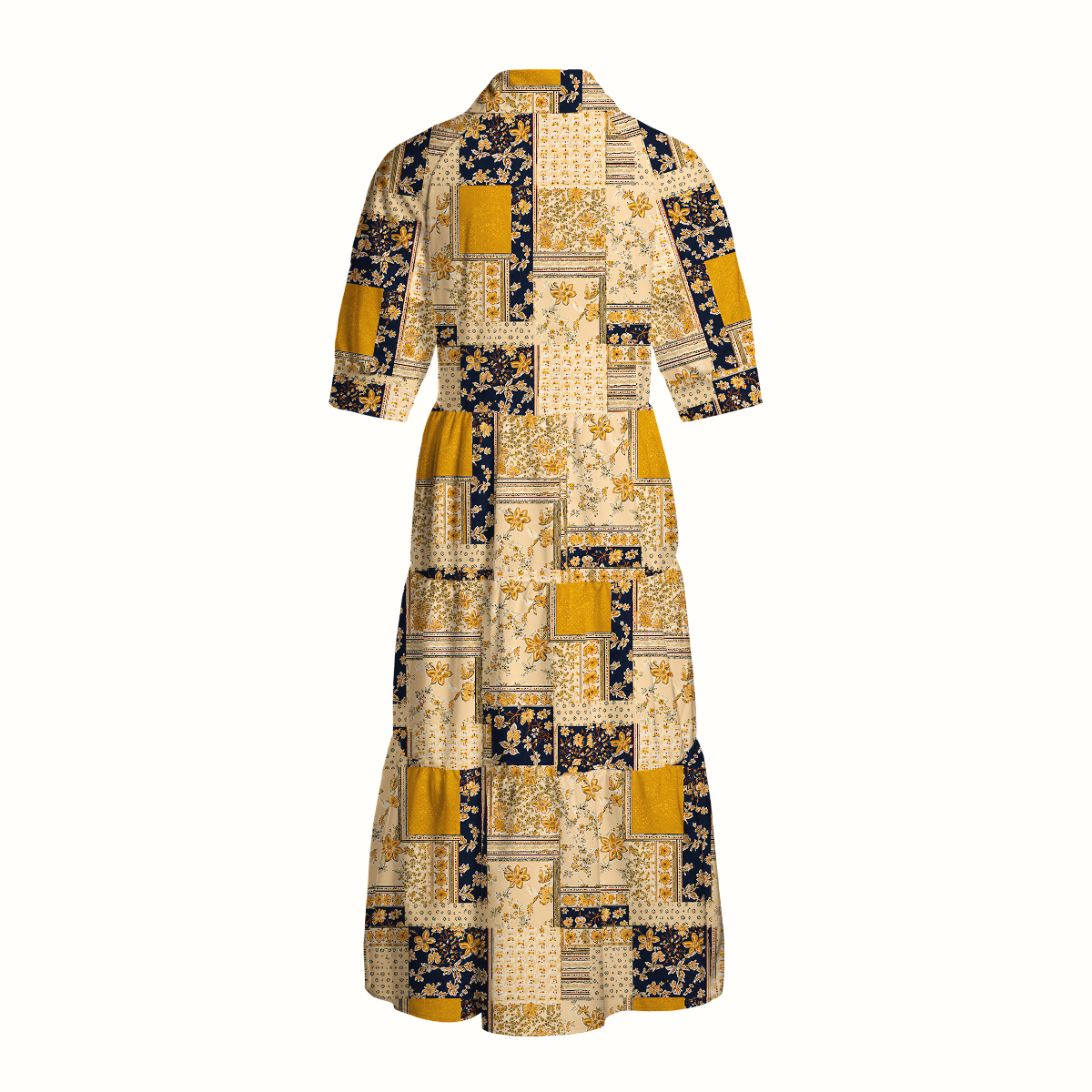 Vintage Mustard and Navy Floral Patchwork  Print Casual Midi Dress With Pockets