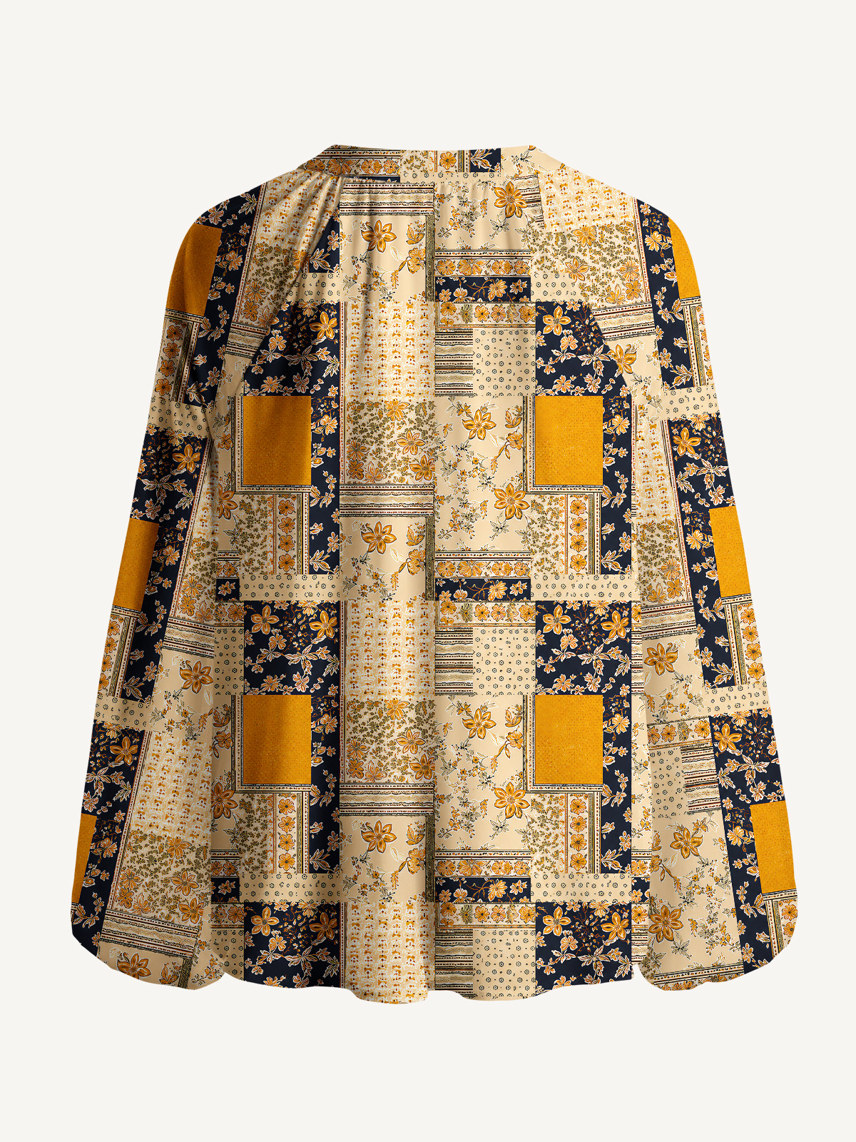 Vintage Mustard and Navy Floral Patchwork Print Boho Long Sleeve Tie‑Neck Blouse