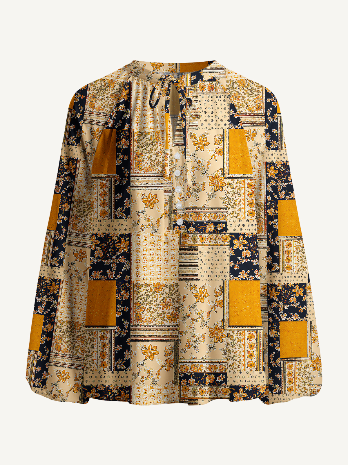 Vintage Mustard and Navy Floral Patchwork Print Boho Long Sleeve Tie‑Neck Blouse