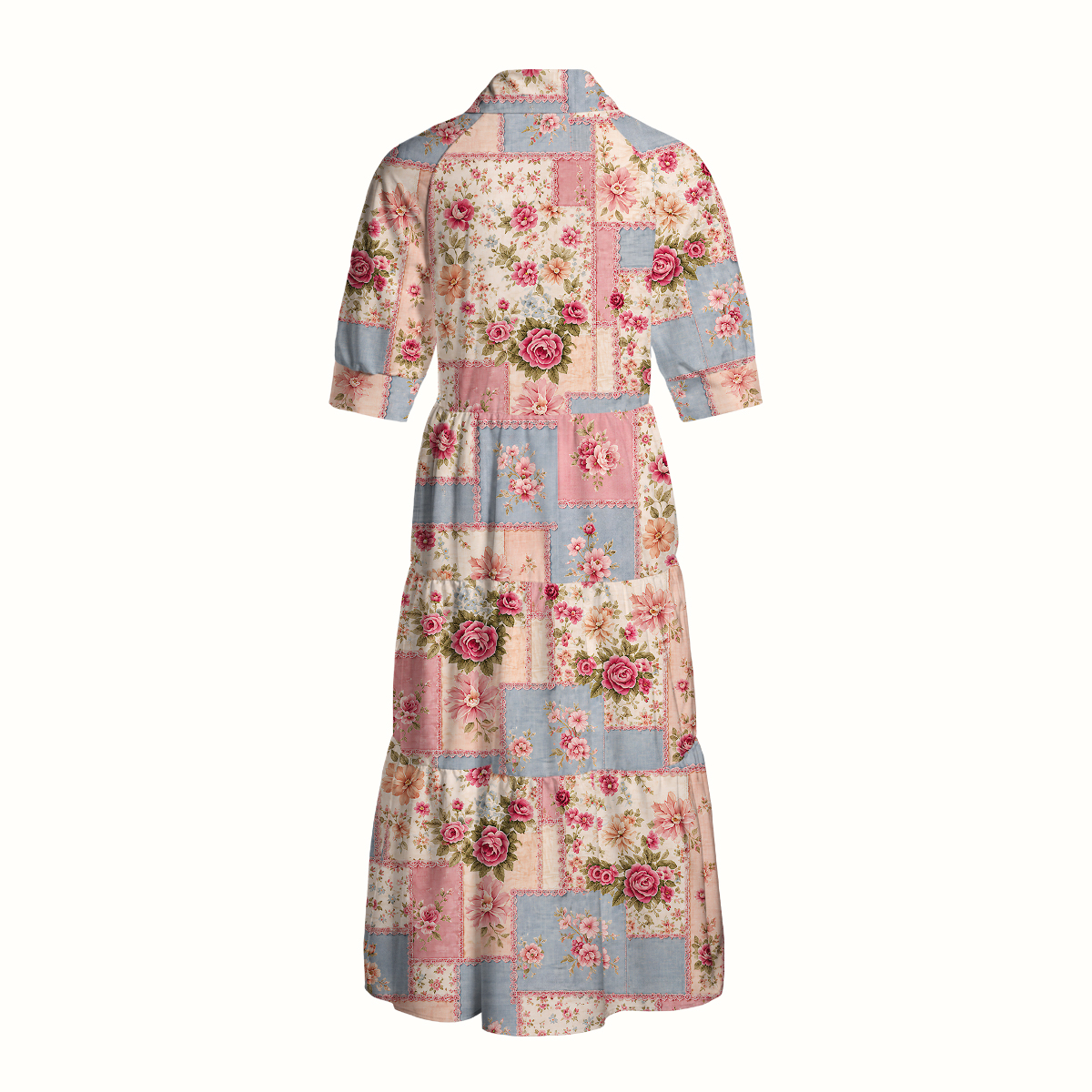 Vintage Pink and Blue Floral Patchwork Print Casual Midi Dress With Pockets