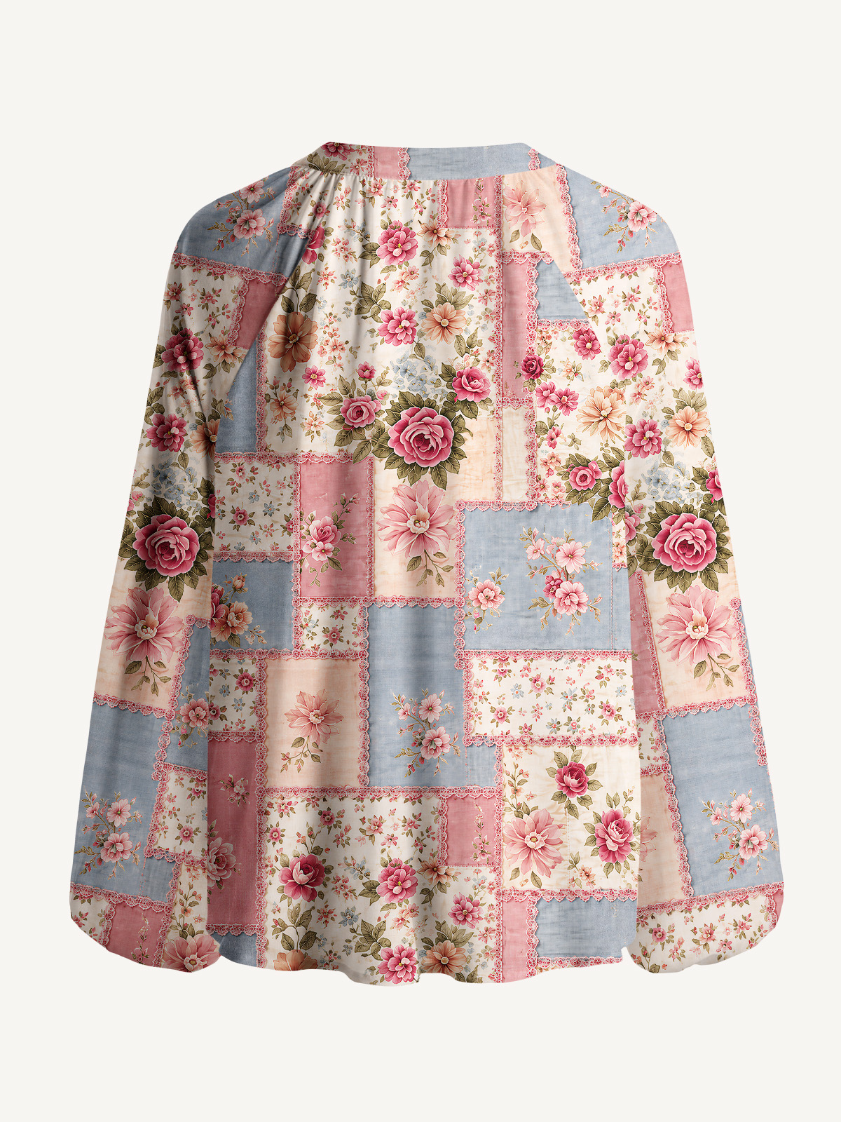 Vintage Pink and Blue Floral Patchwork Print Boho Long Sleeve Tie‑Neck Blouse