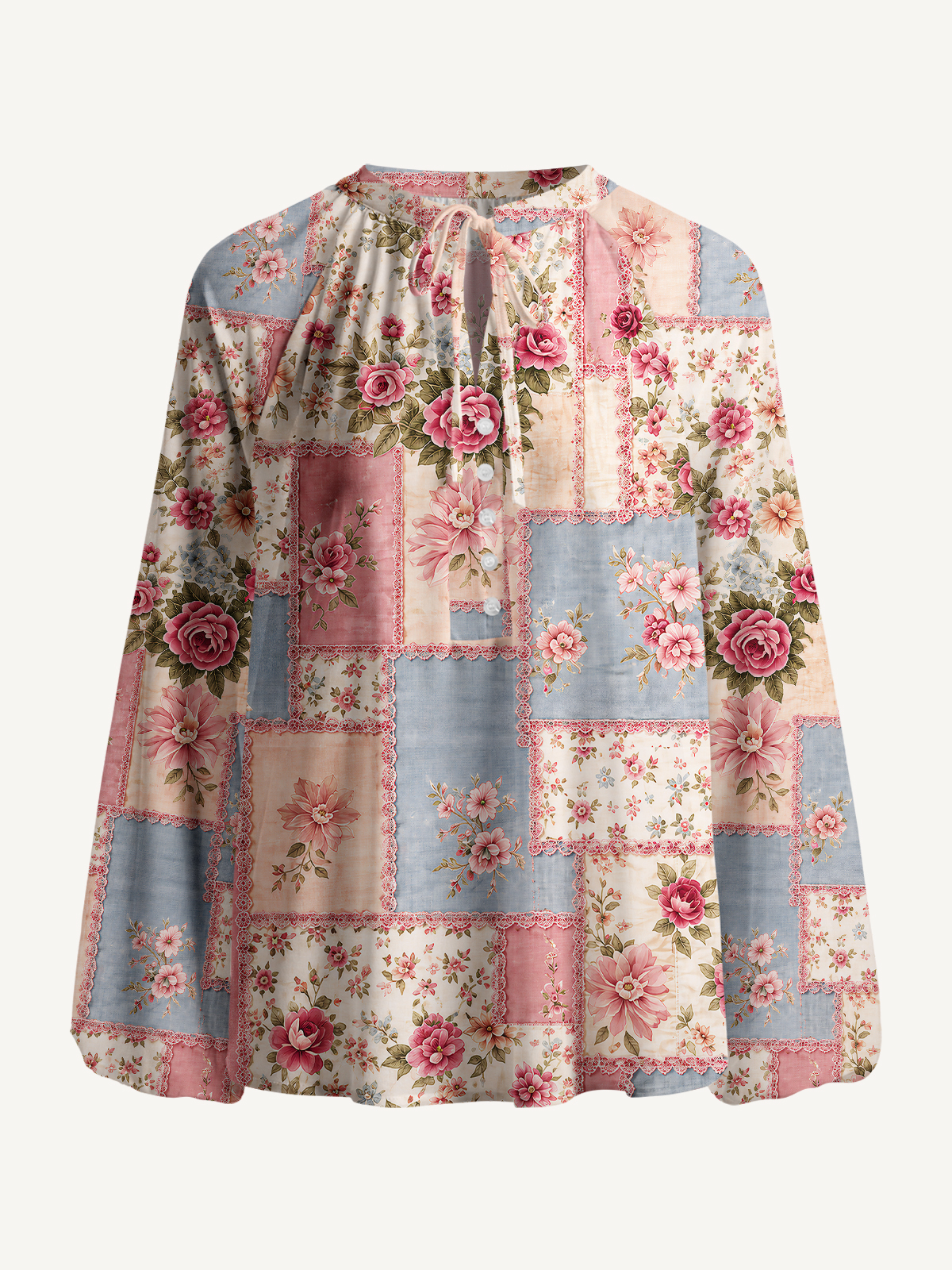 Vintage Pink and Blue Floral Patchwork Print Boho Long Sleeve Tie‑Neck Blouse
