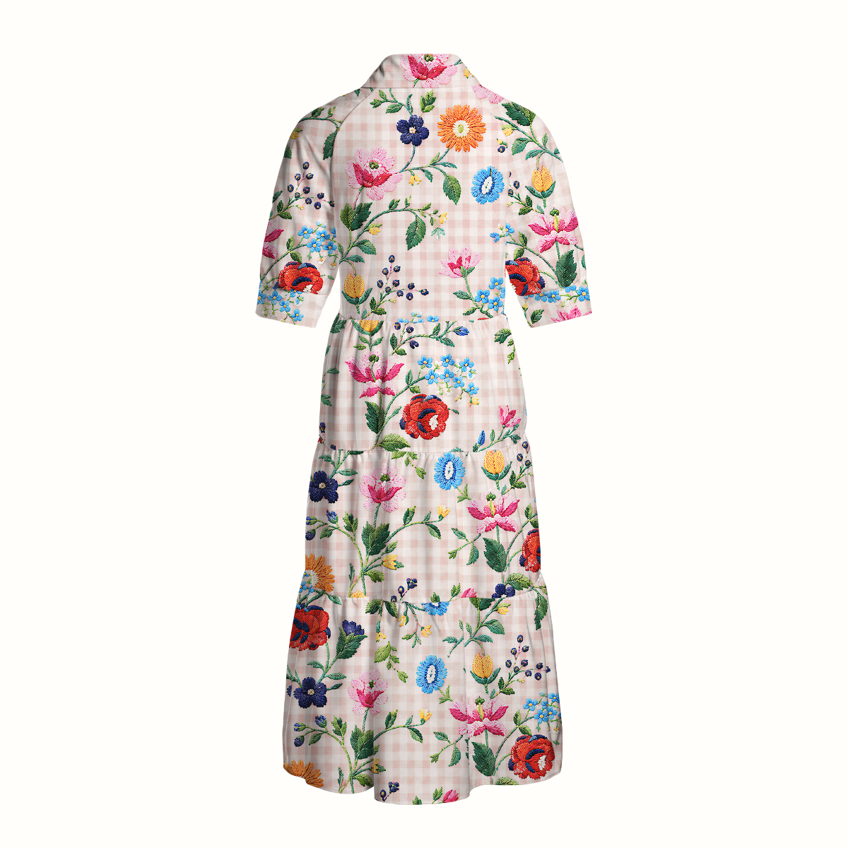 Embroidered Meadow Gingham Print Casual Midi Dress With Pockets