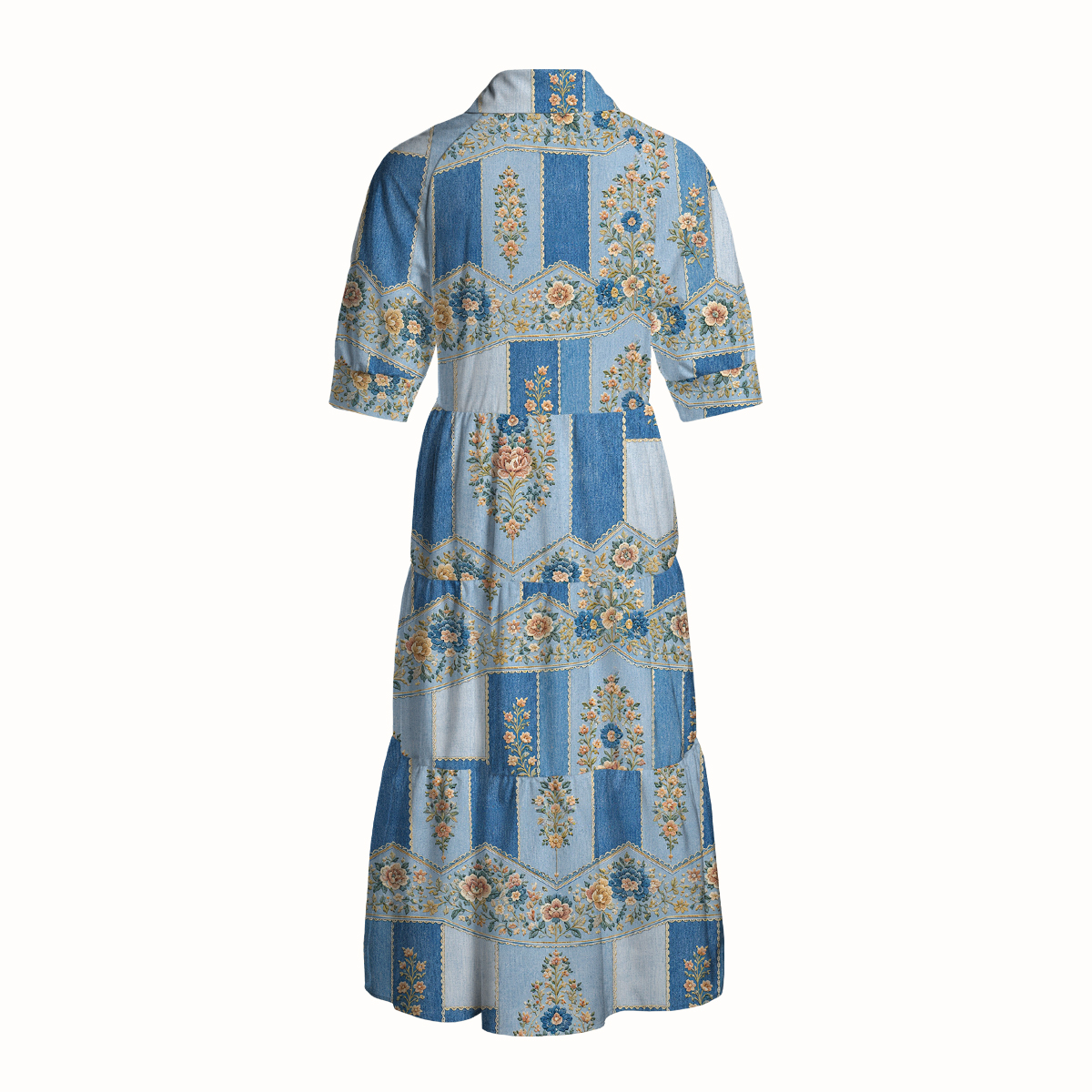 V Neck Collared Vintage Blue Tapestry Floral Stripe  Print Casual Midi Dress With Pockets