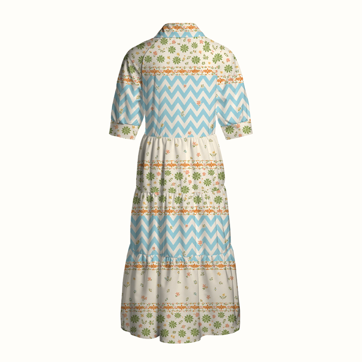 V Neck Collared Pastel Chevron and Ditsy Floral Stripe Print Casual Midi Dress With Pockets