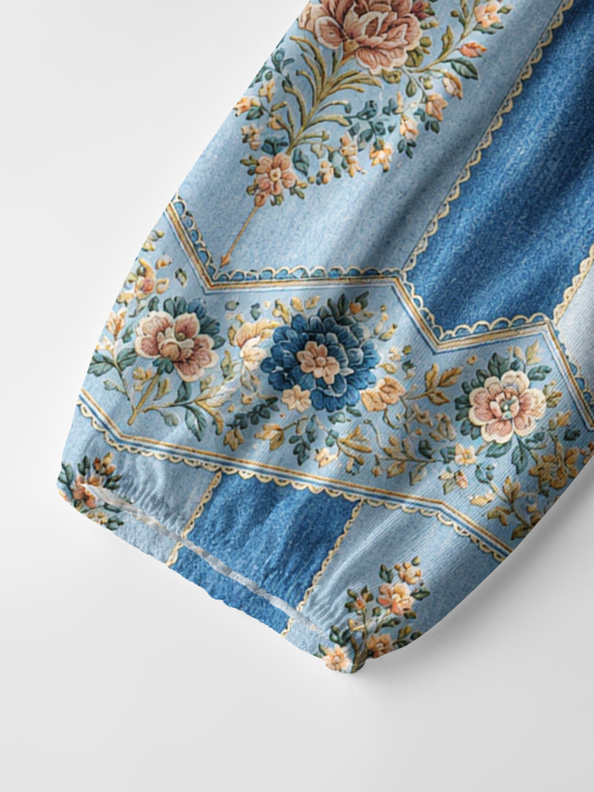 Vintage Blue Tapestry Floral Stripe Print Boho Long Sleeve Tie‑Neck Blouse
