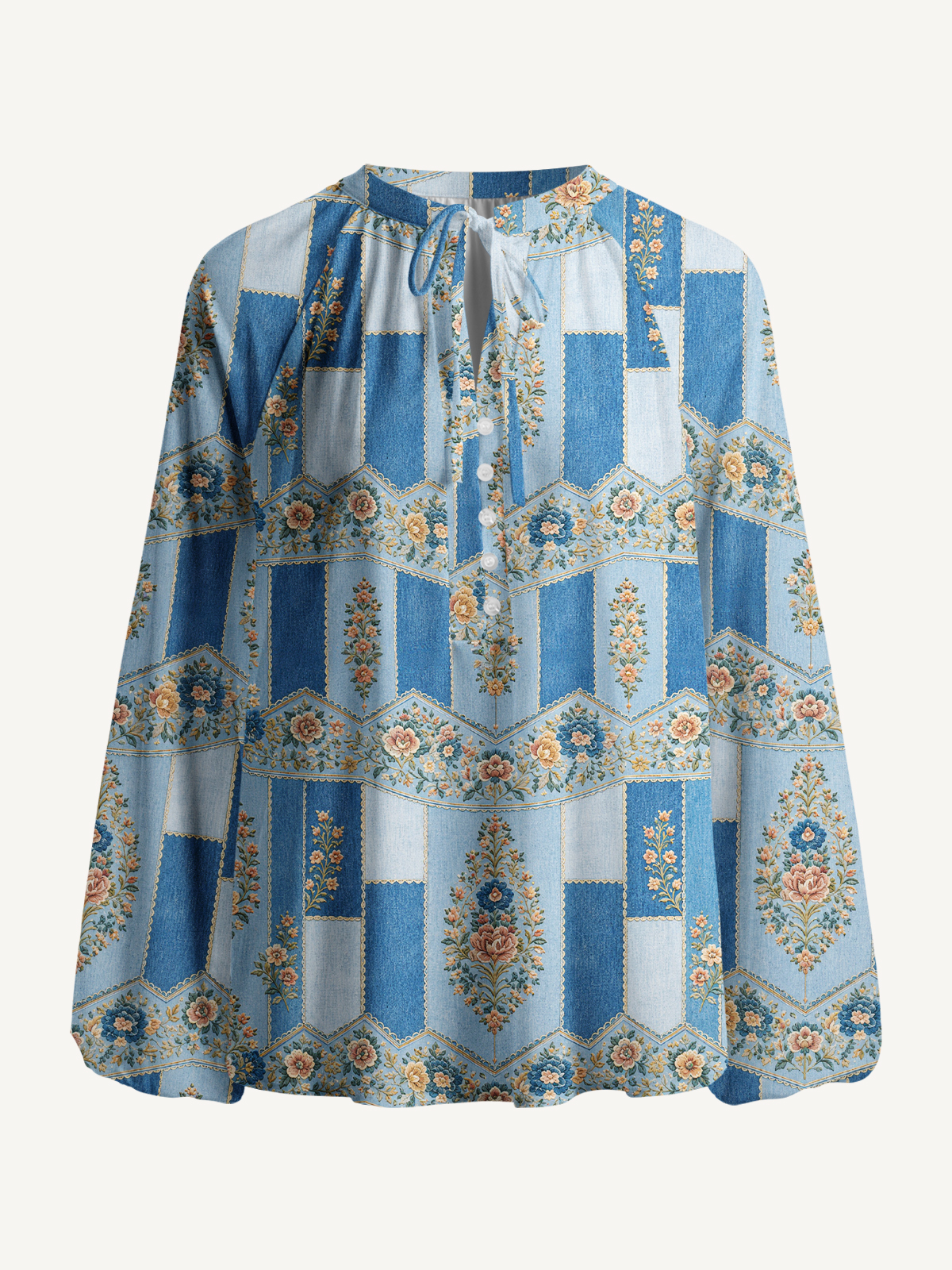 Vintage Blue Tapestry Floral Stripe Print Boho Long Sleeve Tie‑Neck Blouse