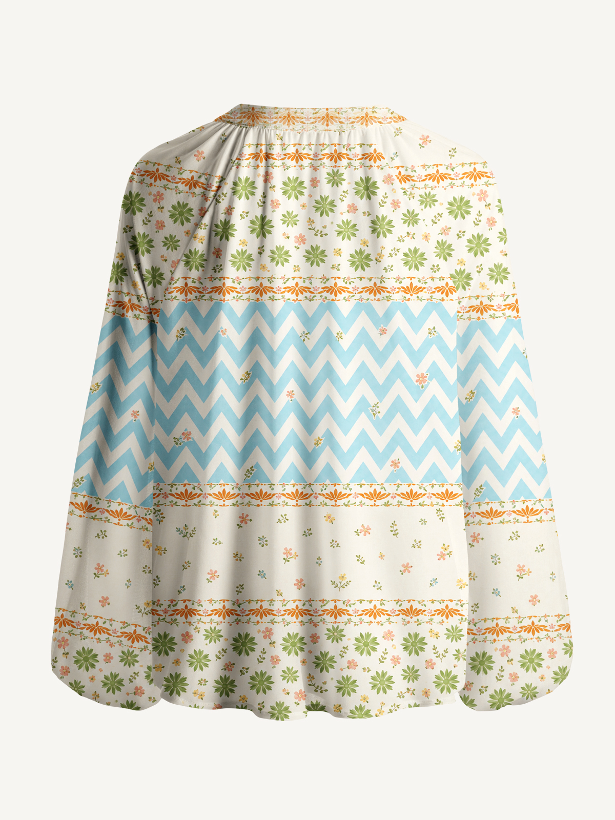 Pastel Chevron and Ditsy Floral Stripe Print Boho Long Sleeve Tie‑Neck Blouse