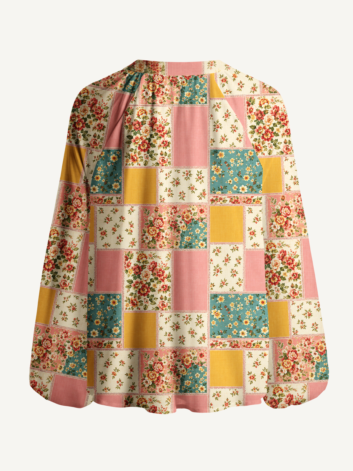 Vintage Pink and Teal Floral Patchwork Print Boho Long Sleeve Tie‑Neck Blouse