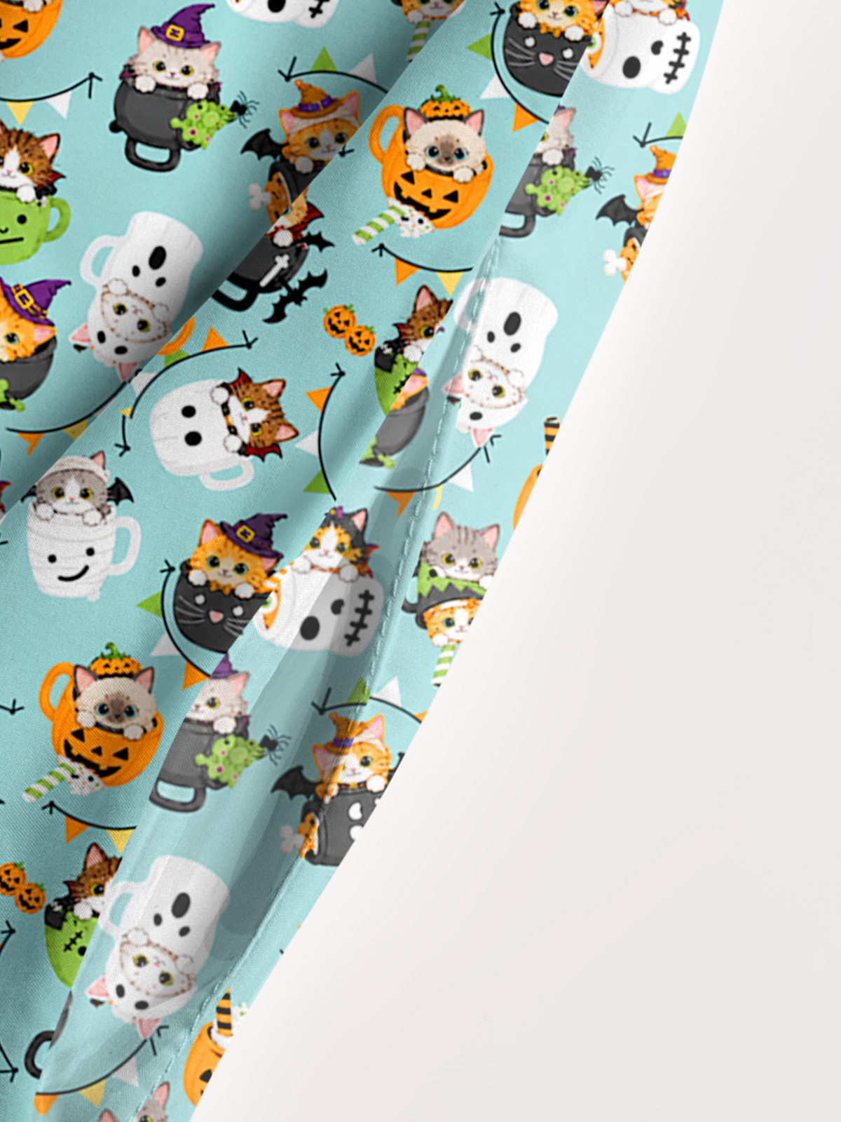 Mint Pumpkin Kitty Halloween Fun Print Wide Straps Maxi Dress With Pockets