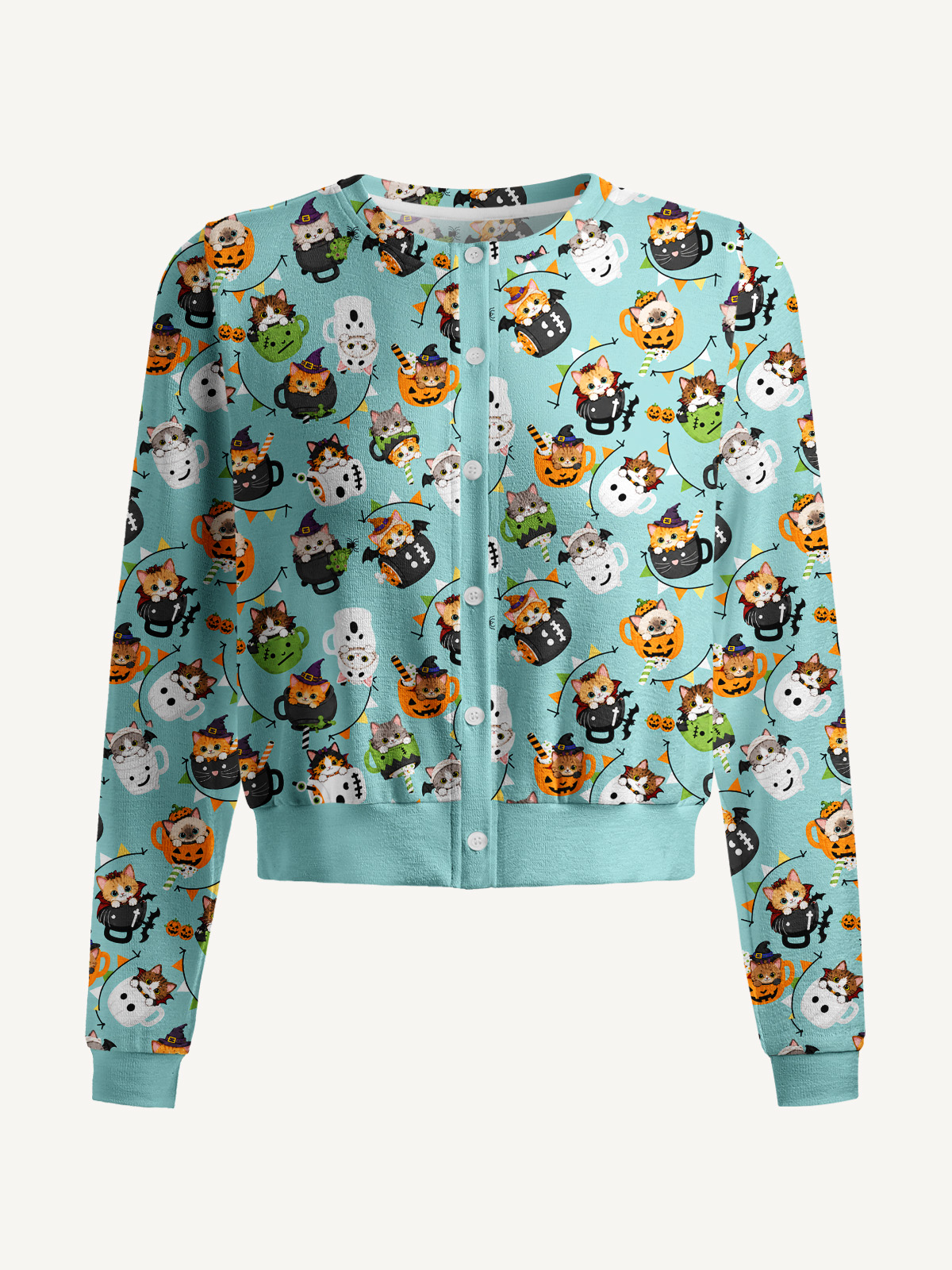 Lightweight Crew Neck Long‑Sleeve Cropped Mint Pumpkin Kitty Halloween Fun Print Fine‑Knit Cardigan