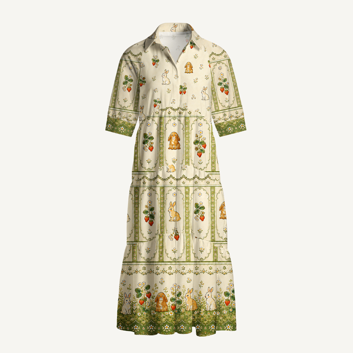 V Neck Collared Bunnyberry Garden Print Casual Midi Dress With Pockets