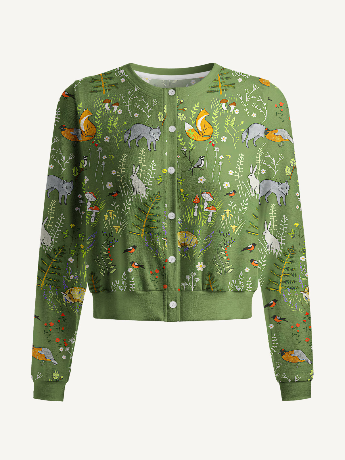 Lightweight Crew Neck Long‑Sleeve Cropped Whimsical Woodland Animals Print Fine‑Knit Cardigan