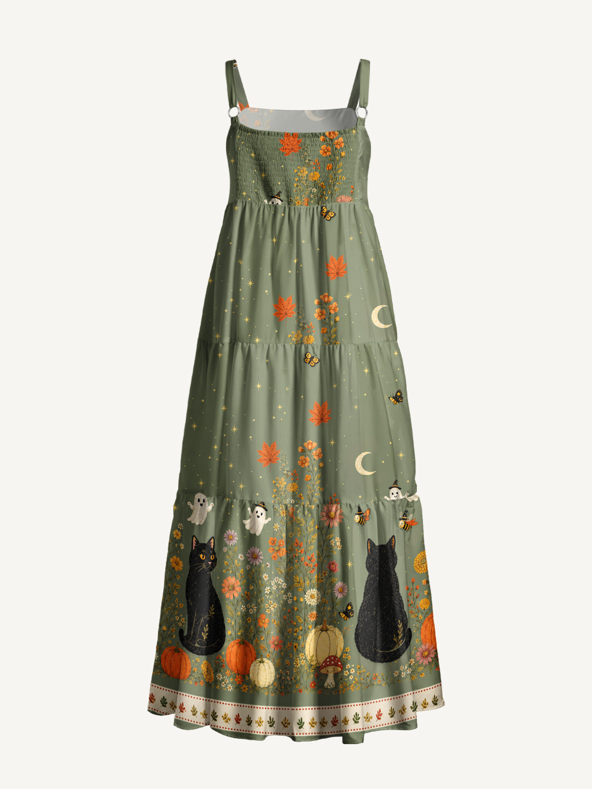 Twilight Pumpkin Garden Black Cat Print Wide Straps Maxi Dress With Pockets