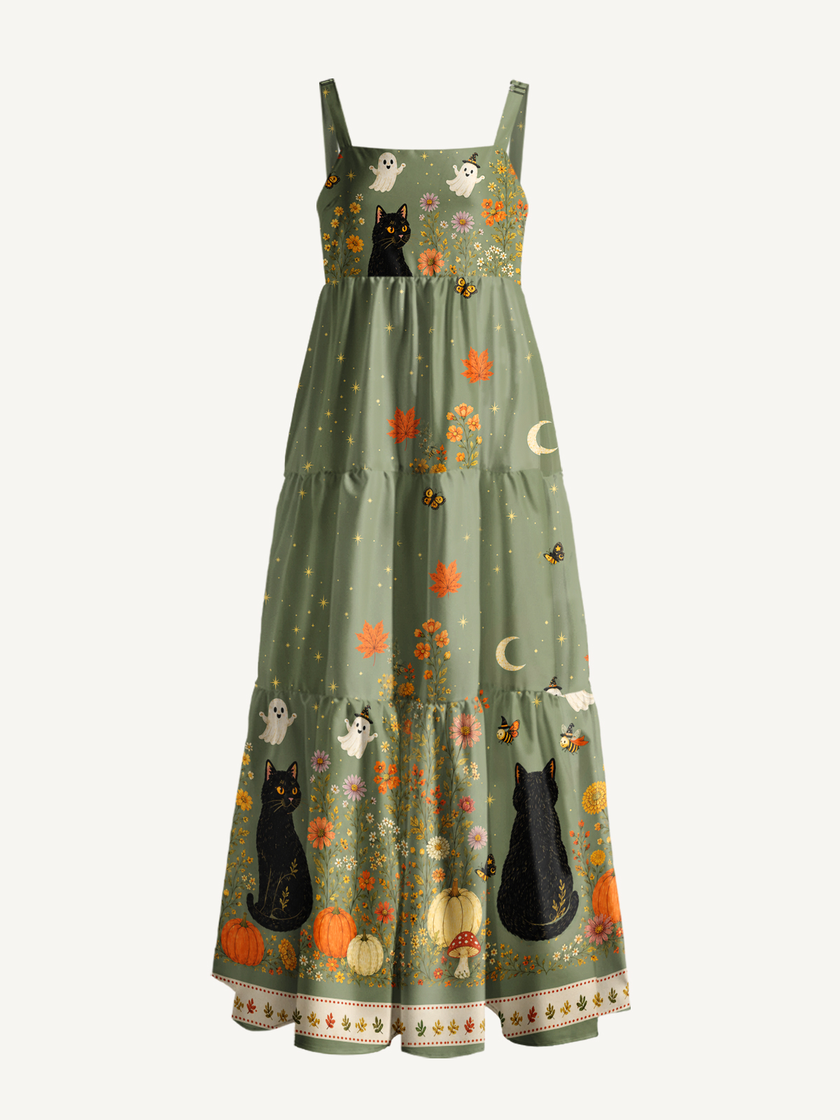 Twilight Pumpkin Garden Black Cat Print Wide Straps Maxi Dress With Pockets