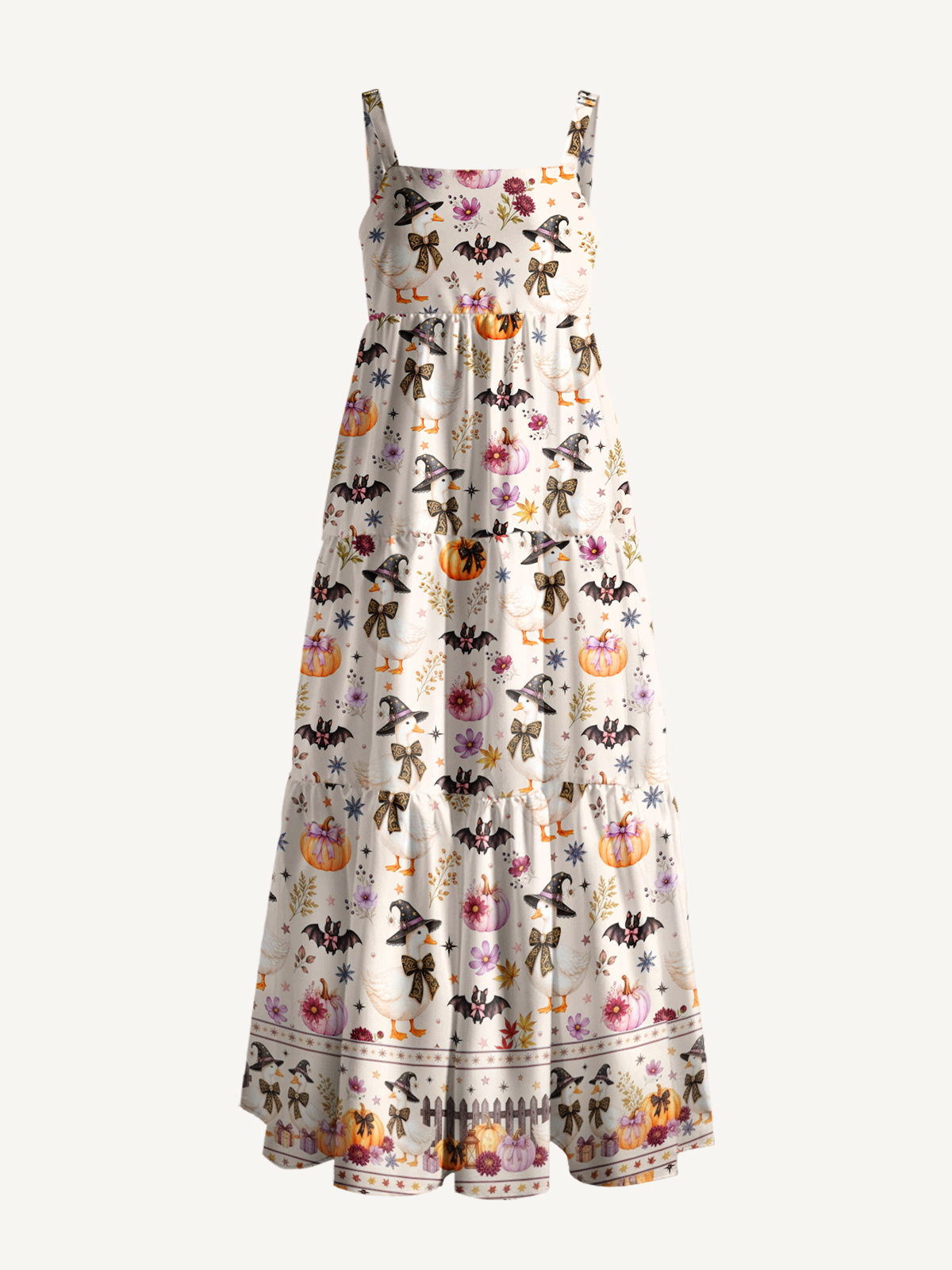 Rustic Halloween Goose Print Wide Straps Maxi Dress With Pockets