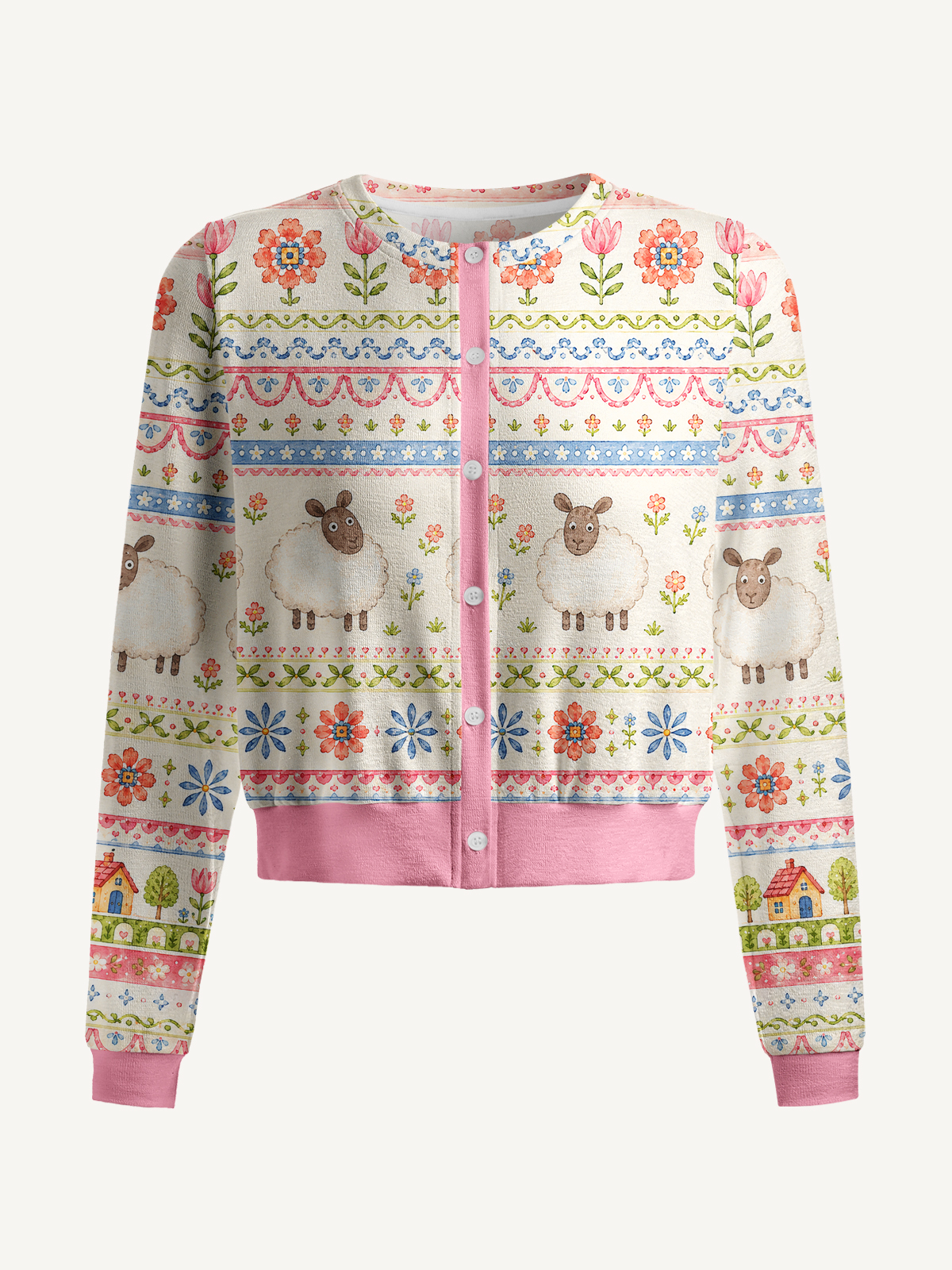 Pastoral Sheep Bands Print Fine‑Knit Cardigan