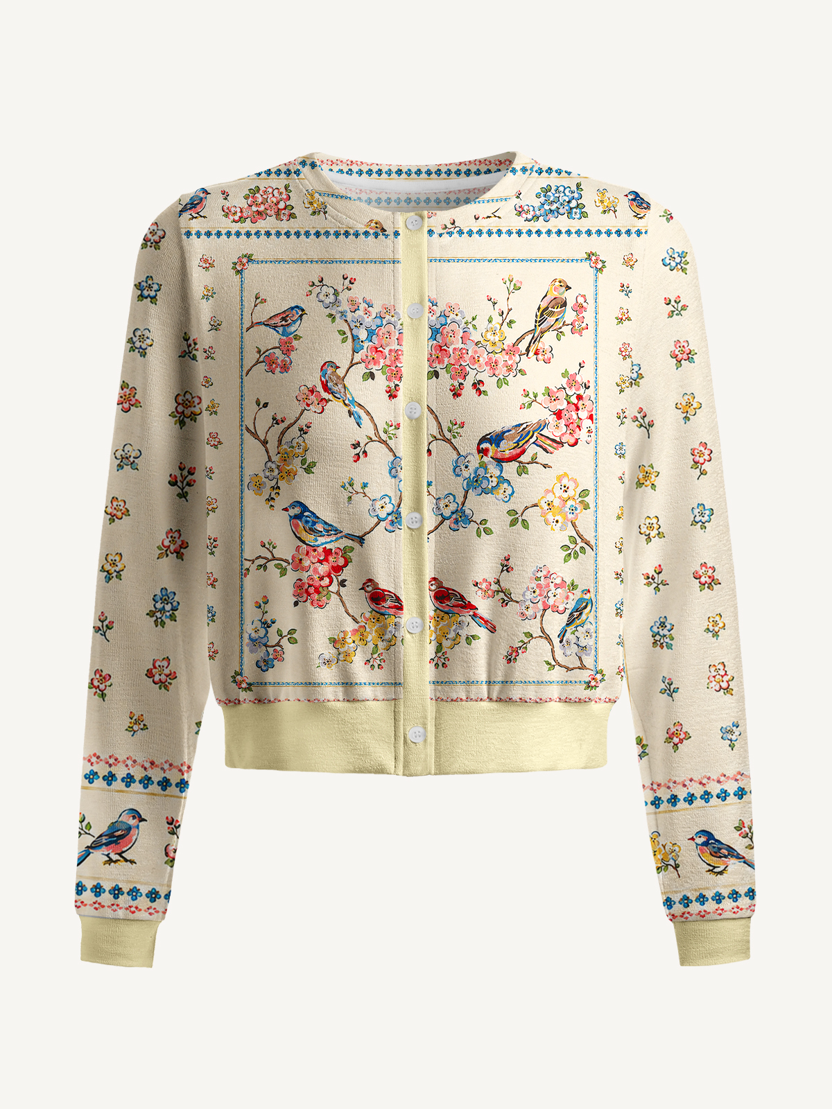 Vintage Floral Songbirds Print Fine‑Knit Cardigan