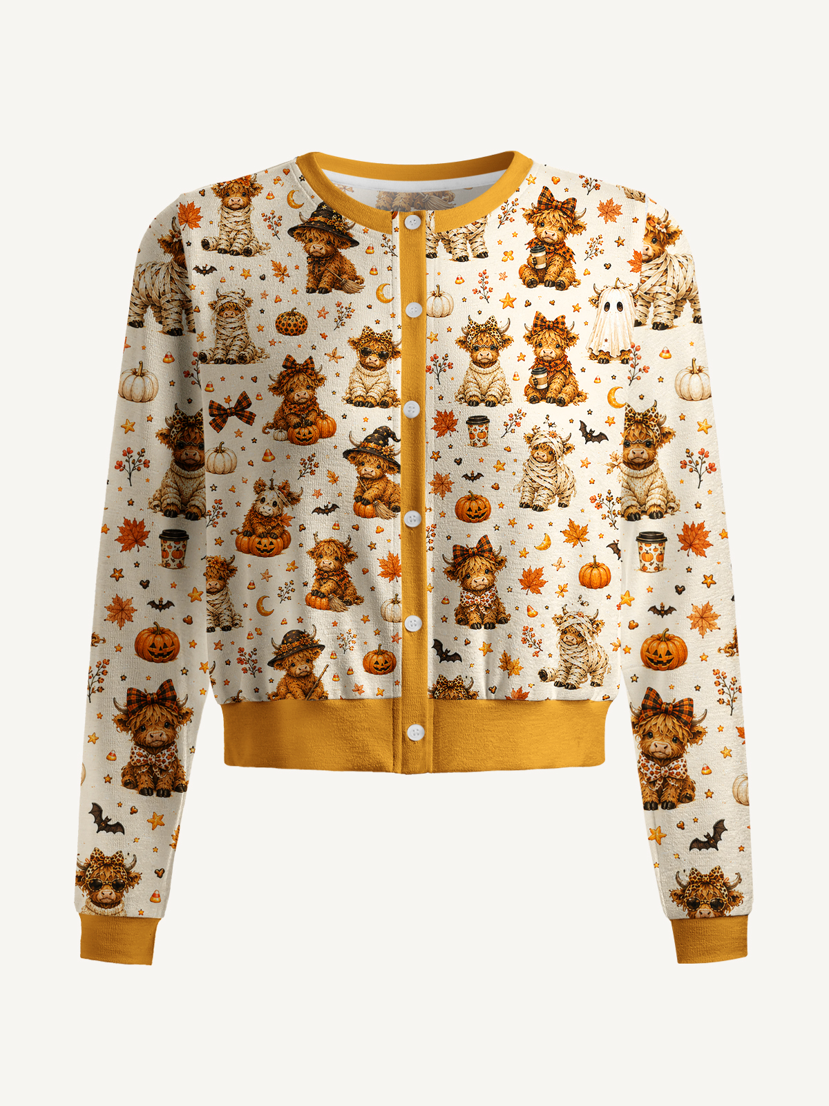 Spooky Highland Cows Print Fine‑Knit Cardigan