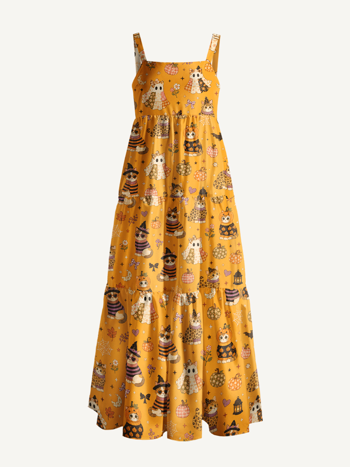 Spooky Retro Kittens Print Wide Straps Maxi Dress With Pockets