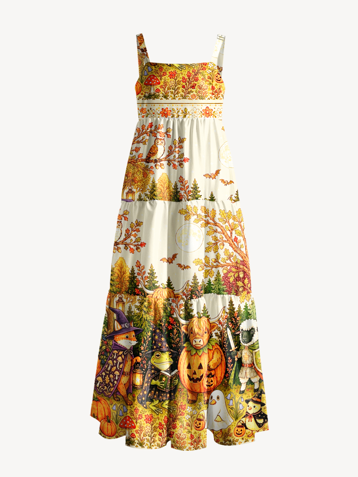 Halloween Pumpkin Fairy Forest Print Wide Straps Maxi Dress With Pockets
