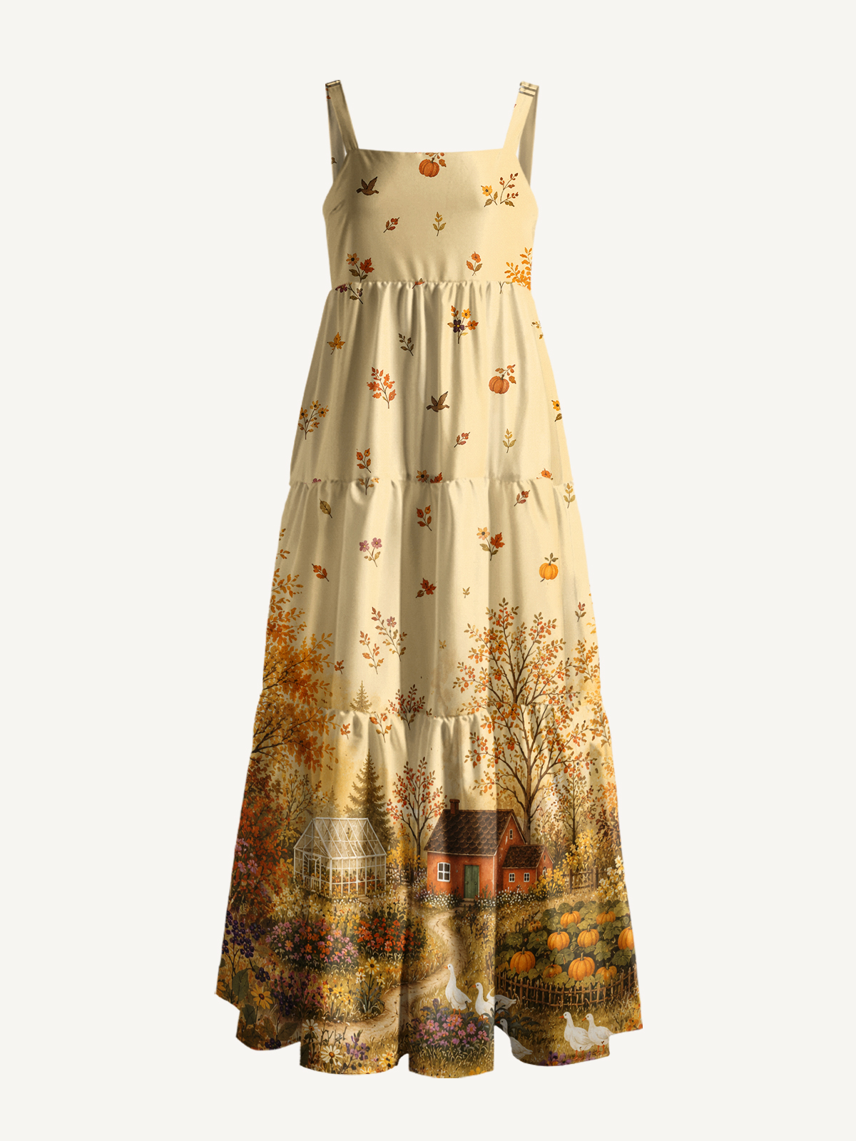 Autumn Garden Retreat Print Wide Straps Maxi Dress With Pockets