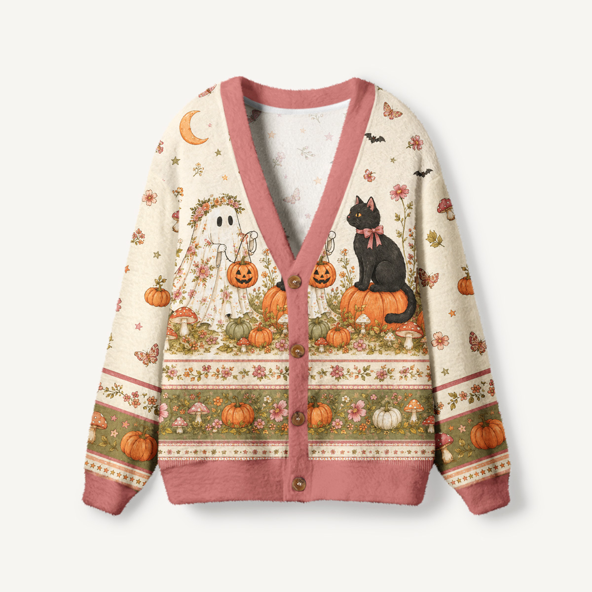 Garden Pumpkin Cat & Ghost Print Halloween Ugly Cardigan Sweaters