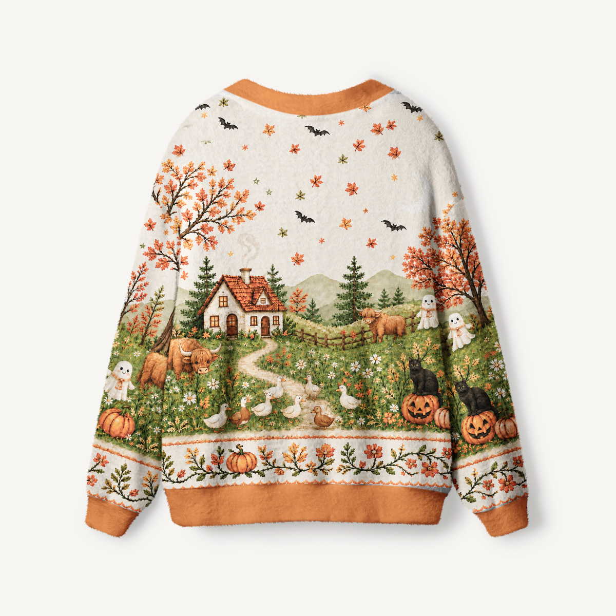 Autumn Pumpkin Pasture Print Halloween Ugly Cardigan Sweaters