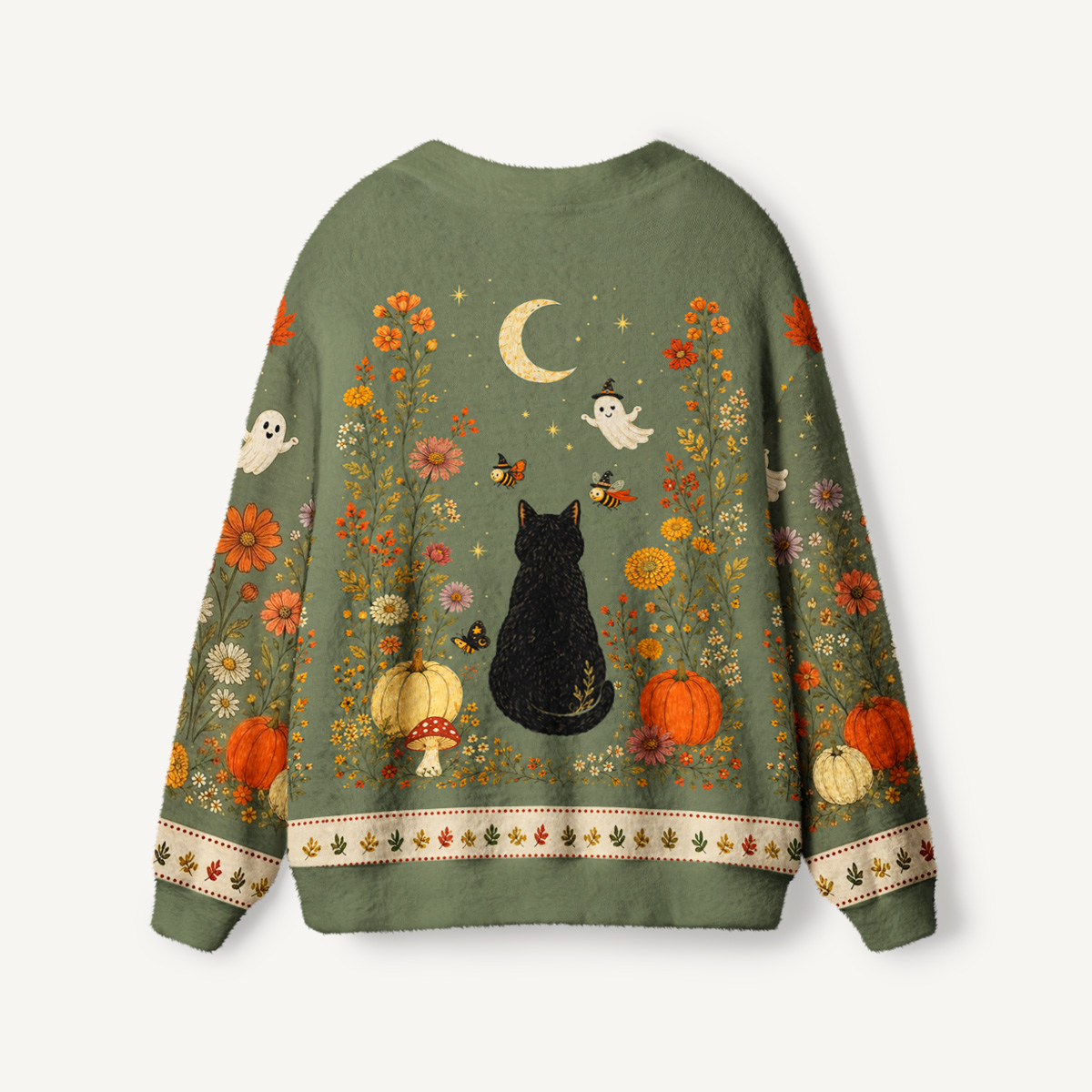 Twilight Pumpkin Garden Black Cat Print Halloween Ugly Cardigan Sweaters