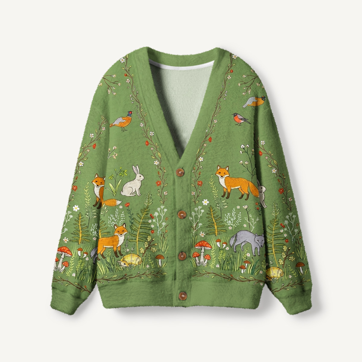Whimsical Woodland Animals Print Halloween Ugly Cardigan Sweaters