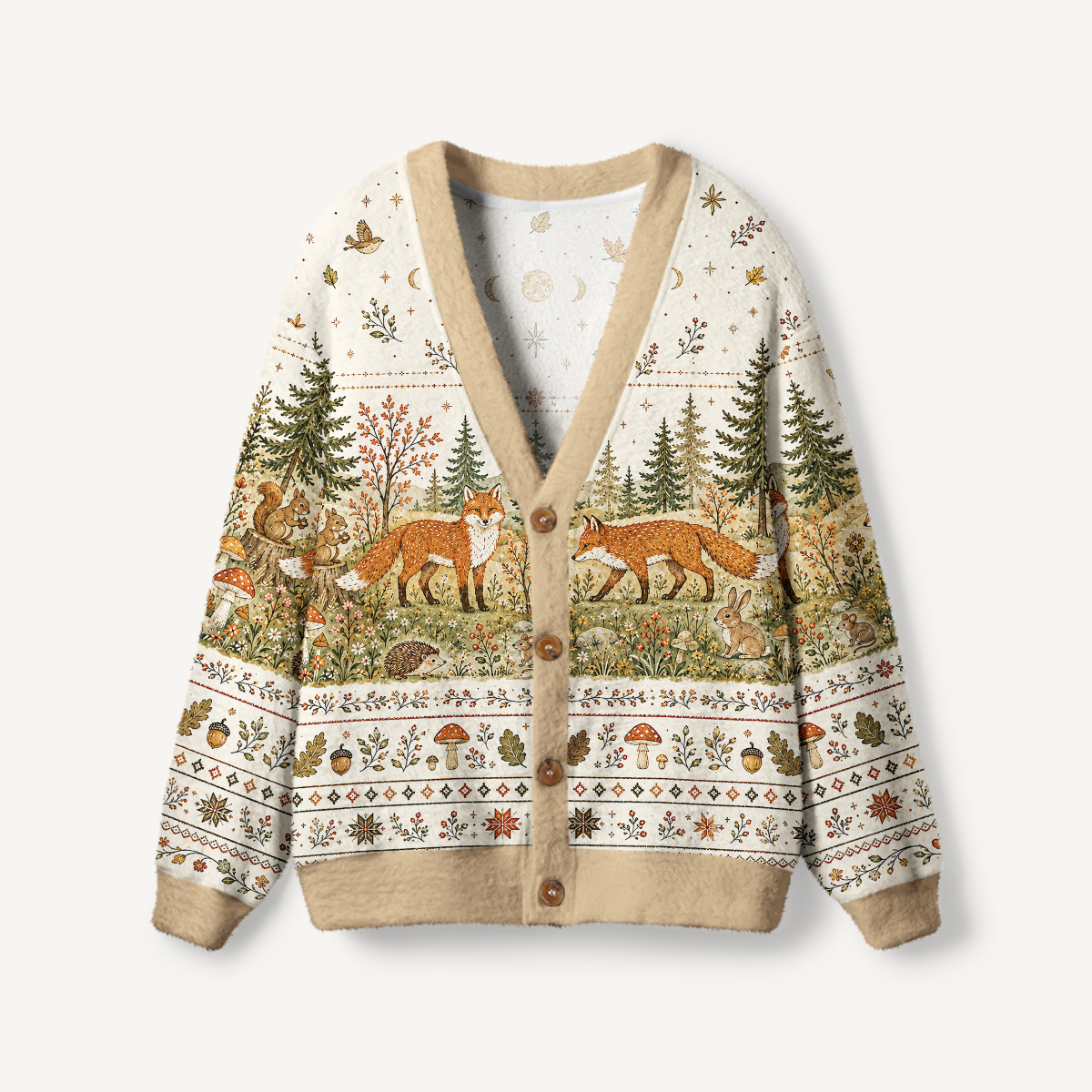 Moonlit Woodland Foxes Print Ugly Cardigan Sweaters