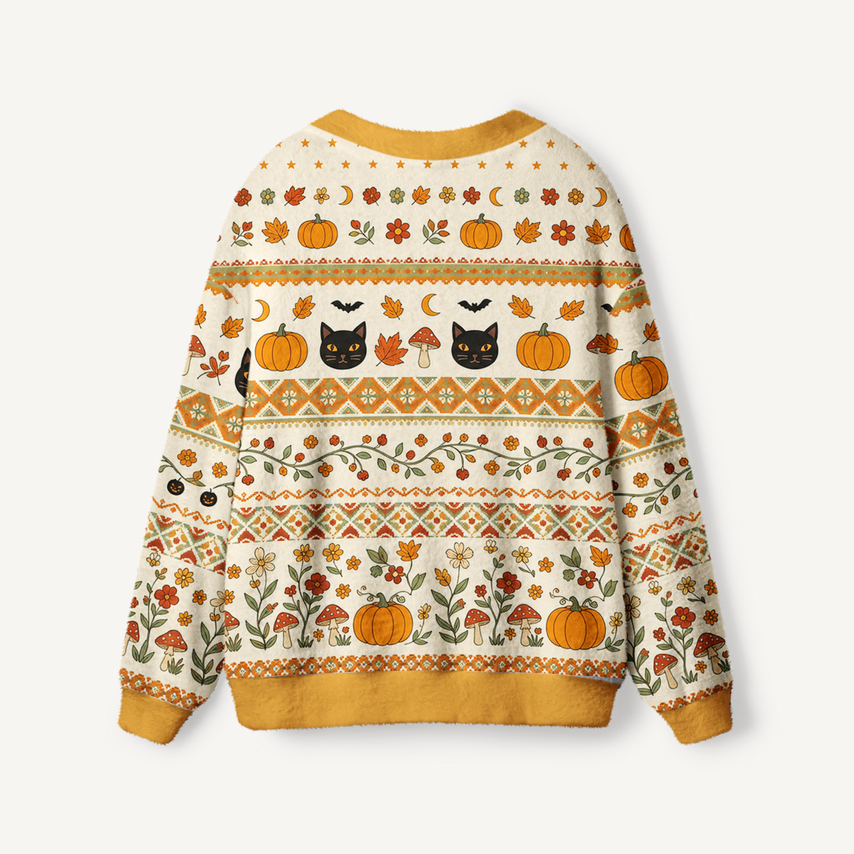 Autumn Fair Isle Pumpkin & Black Cat Print Halloween Ugly Cardigan Sweaters