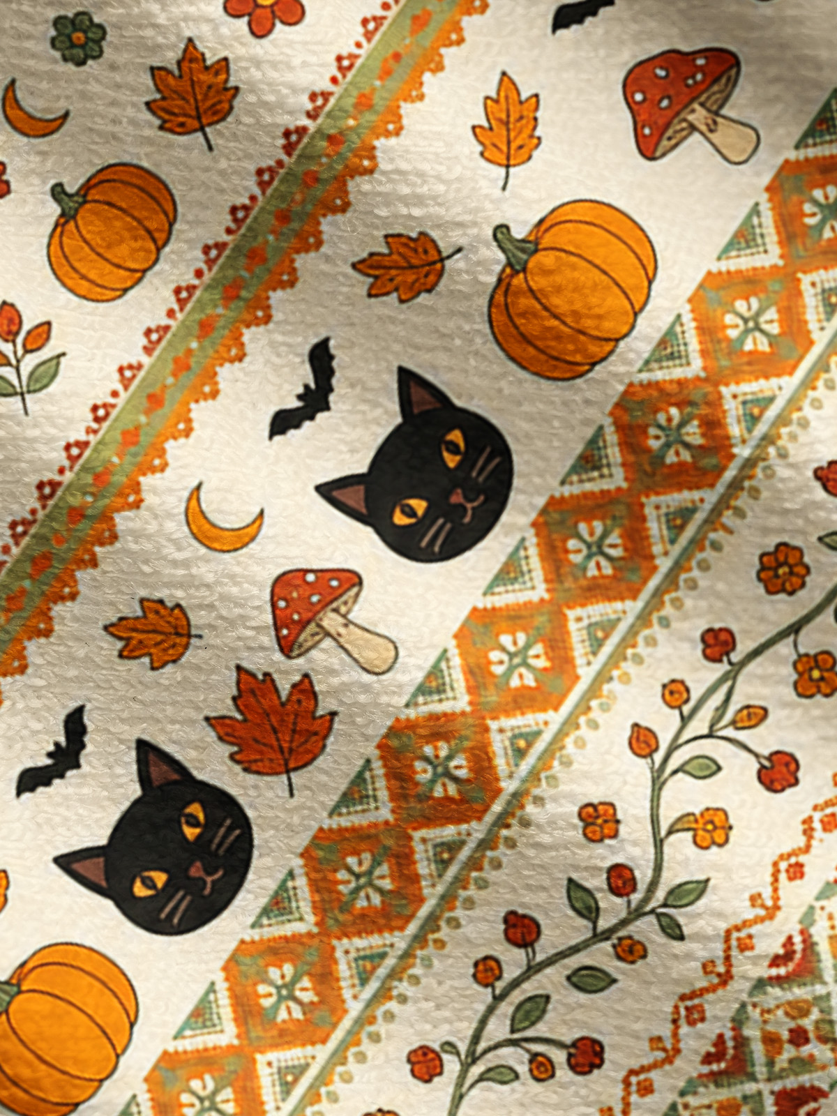 Lightweight Crew Neck Long‑Sleeve Cropped Autumn Fair Isle Pumpkin & Black Cat Print Fine‑Knit Cardigan