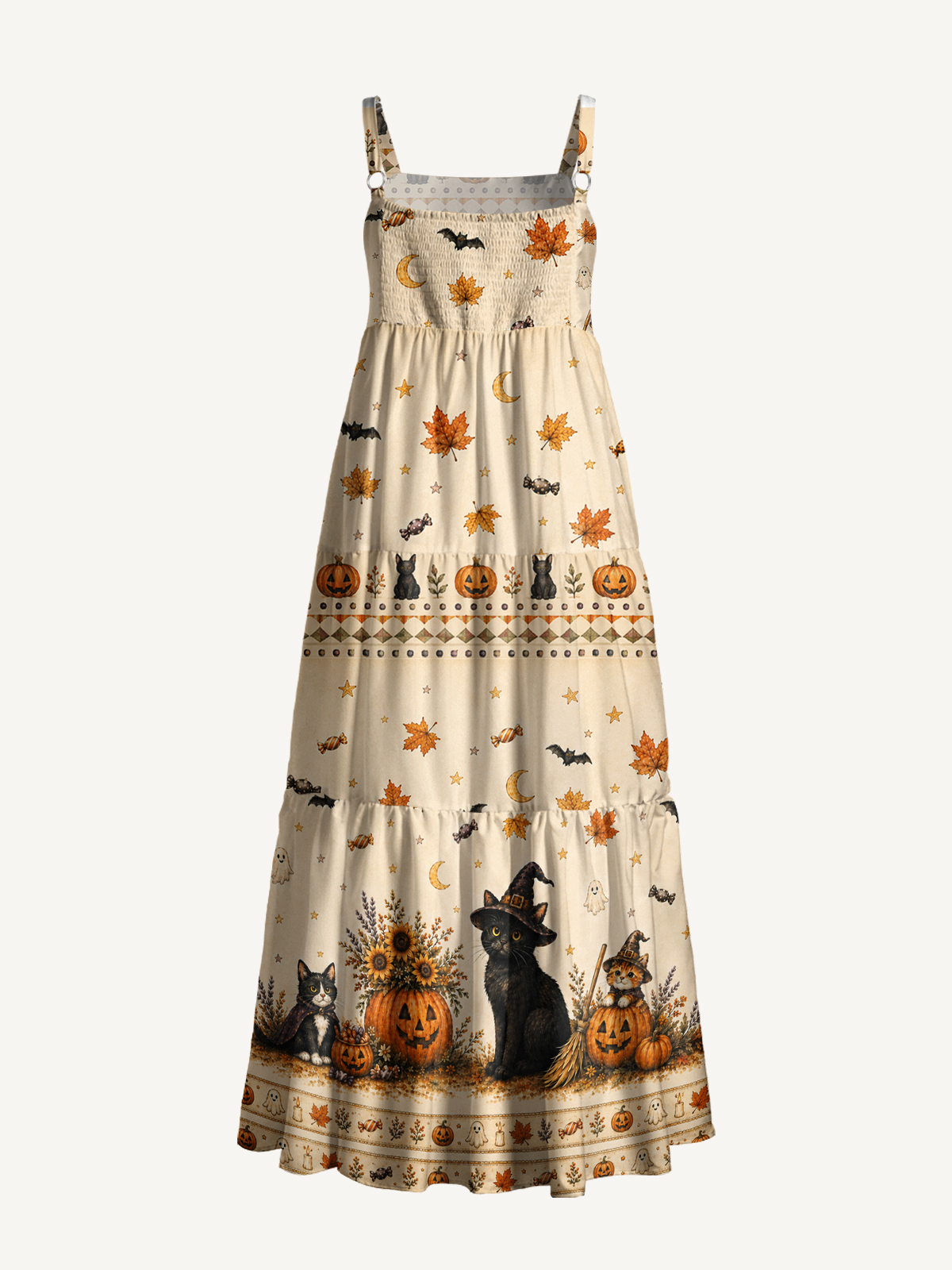 Spooky Cat & Pumpkin Print Wide Straps Maxi Dress With Pockets