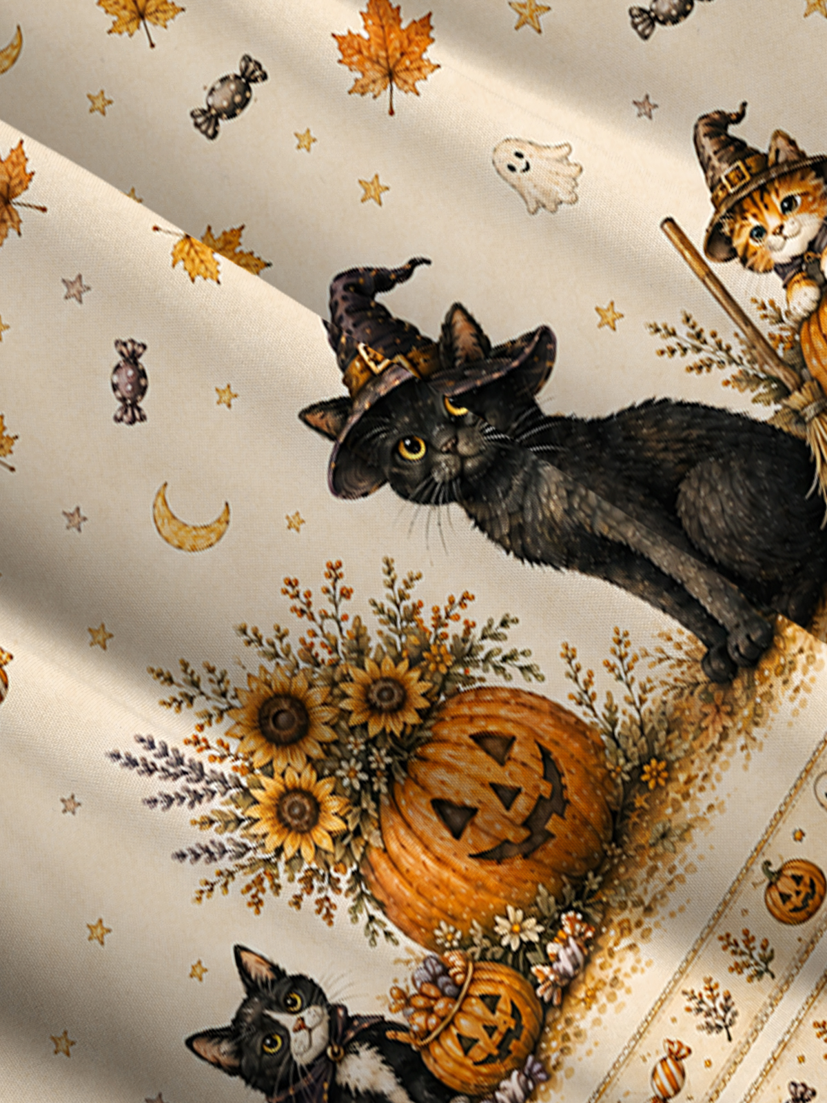 Spooky Cat & Pumpkin Print Wide Straps Maxi Dress With Pockets