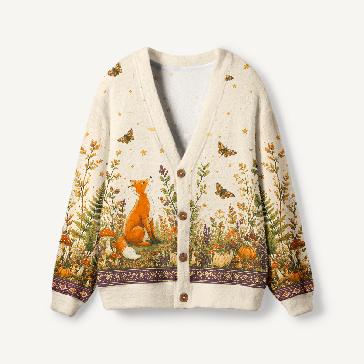 Autumn Forest Fox Pastoral Print Halloween Ugly Cardigan Sweaters