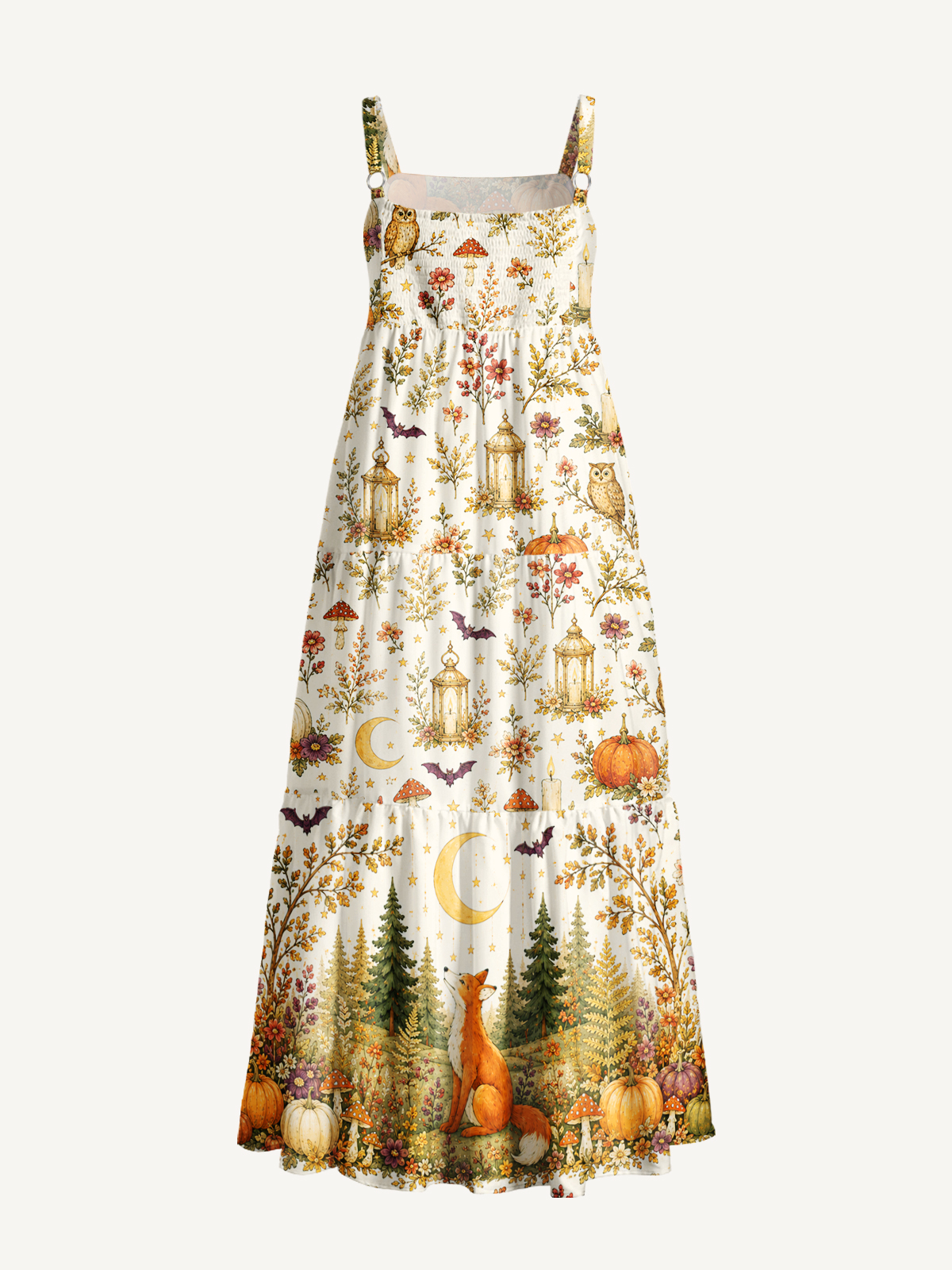 Autumn Forest Fox Pastoral Print Wide Straps Maxi Dress With Pockets