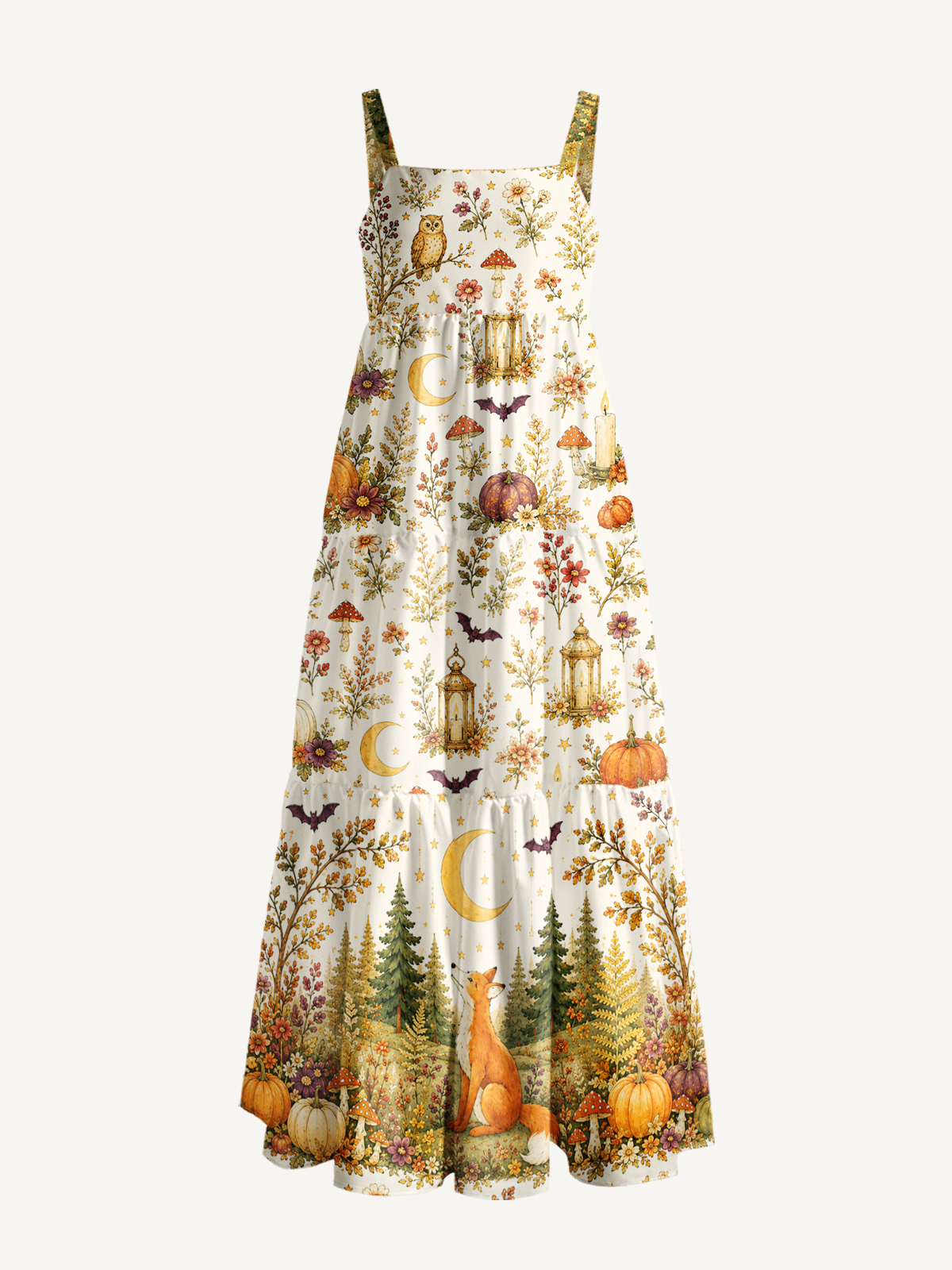 Autumn Forest Fox Pastoral Print Wide Straps Maxi Dress With Pockets